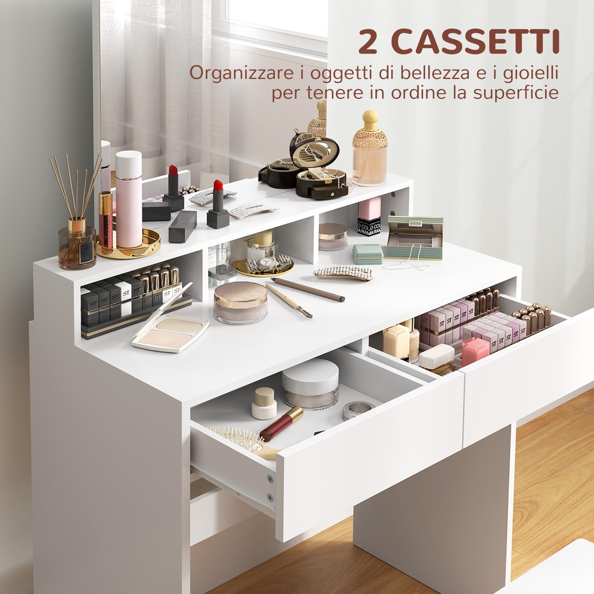 HOMCOM Postazione Trucco con Sgabello, Tavolo da Trucco con Specchio, 3 Ripiani, 2 Cassetti, Toeletta Trucco Moderno in Legno per Camera da Letto, 75x38x135 cm, Bianco