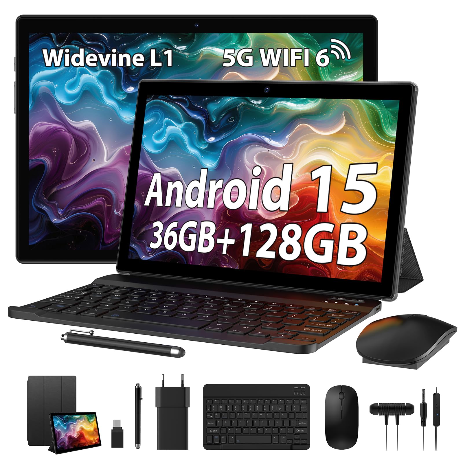 Tablet 10 Pollici Android 15 con 5G WiF6, 2.0GHz 36GB RAM 128GB ROM (TF 1TB), Widevine L1, Batteria 8000mAh, Tablet con Custodia, Tastiera, Mouse e Cuffie (Nero)
