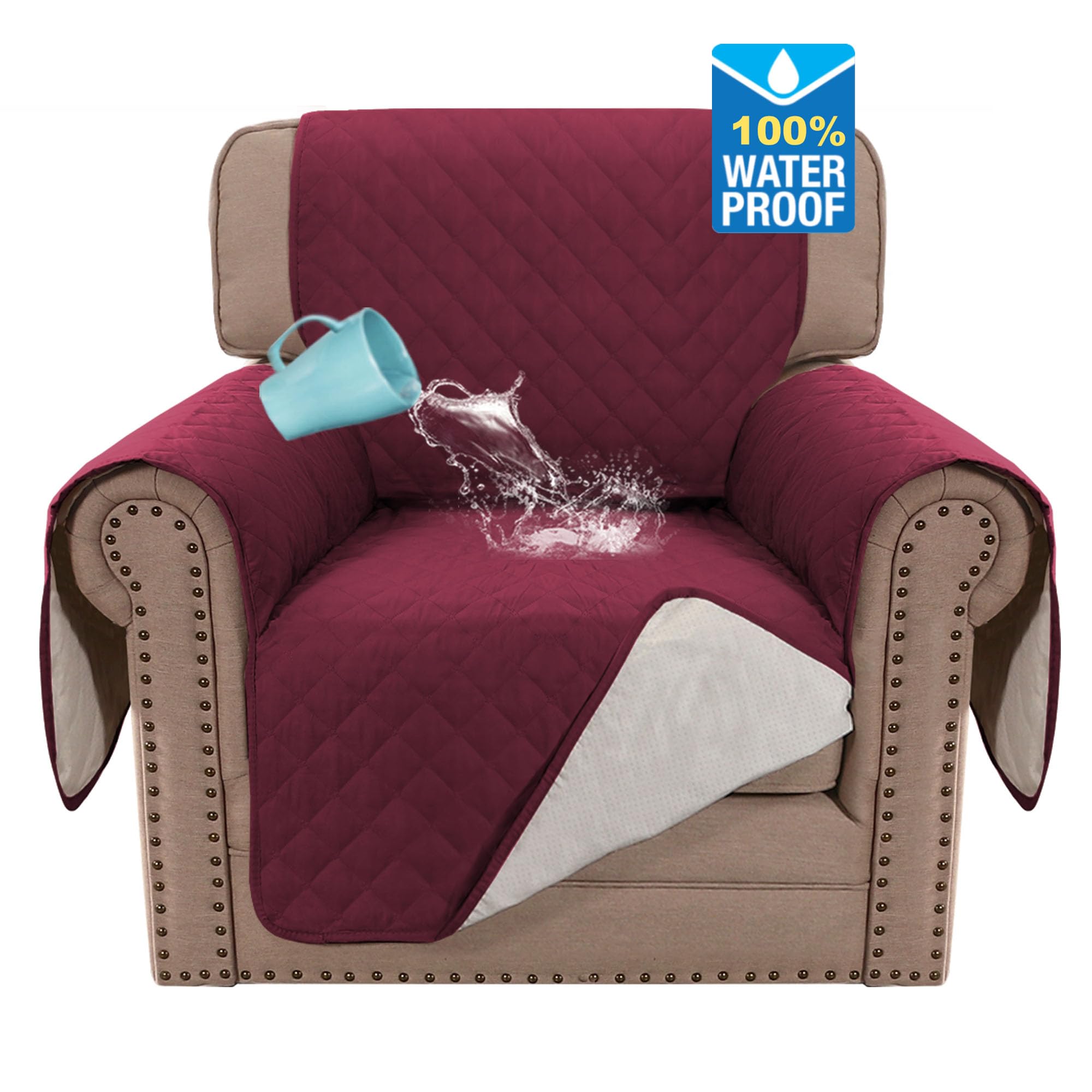 Bellahills Burgundy Sofa Cover 100% Waterproof Sofa Covers 1 Seater Armchair Covers Triple Non-Slip Sofa Slipcovers For 1 Cushion Chair Washable Sofa Protector For Kids/Pets (Chair 23",)