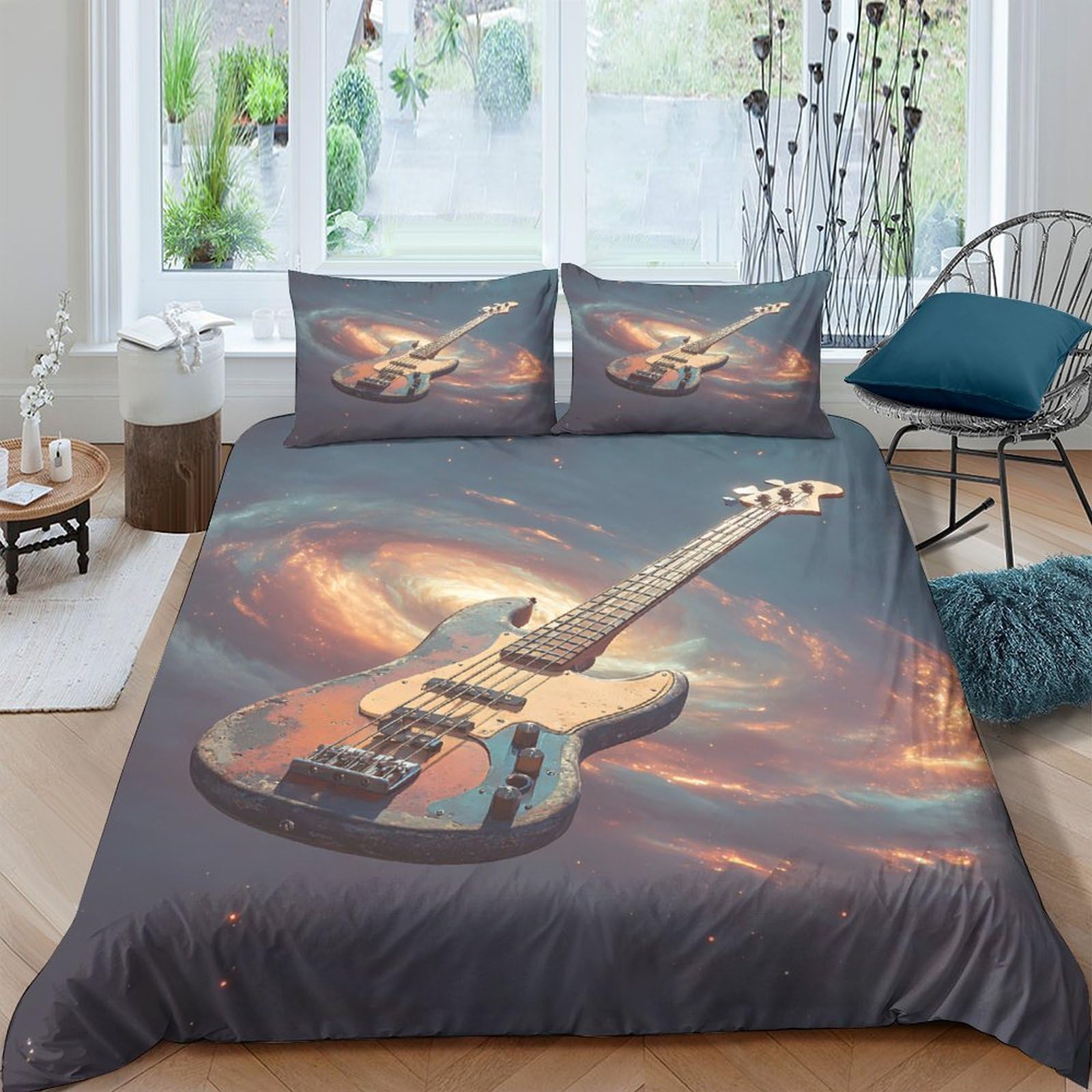 Ctjqhvkz Style-10 3D Printed Electric Guitar Fitted Sheet Microfiber Soft Breathable Rock Flame Bed Cover For Bedroom Dorm Decor Mattress Protection Single（135X200cm）