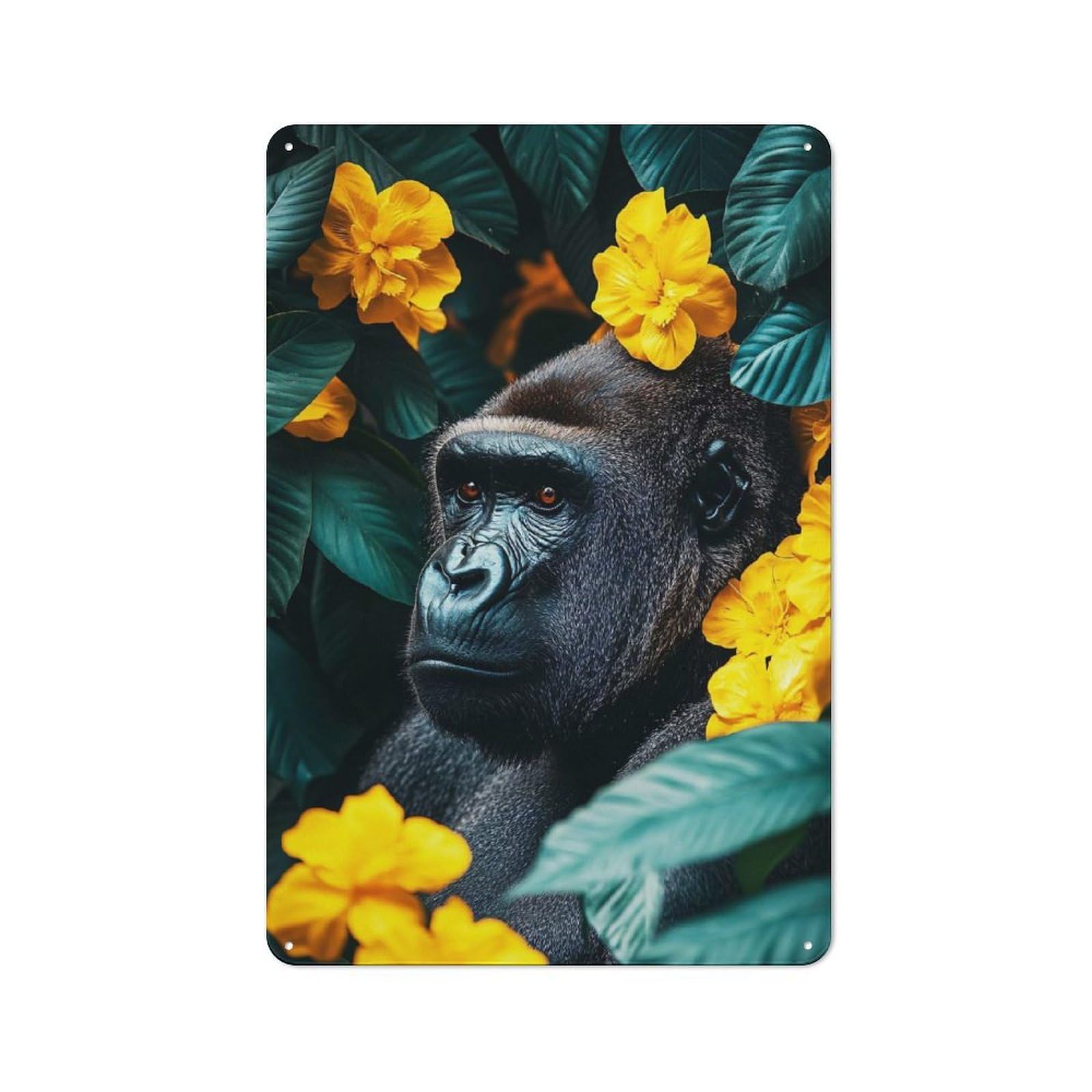 Junmoney Style-22 Tin Wall Plaque 30X20cm With Gorilla With Yellow Flowers Portrait For Bar Or Restaurant, For Hospitality Decor Collectors
