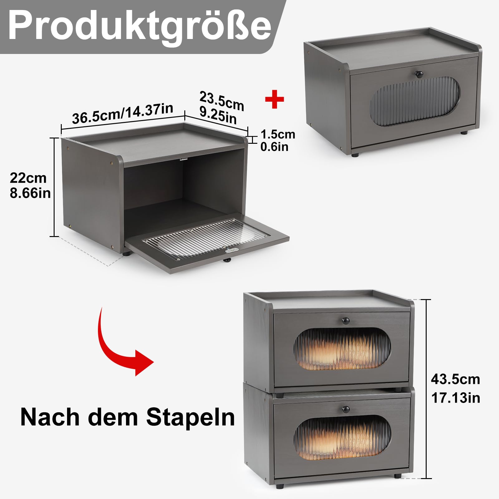 GUUSII HOME Brotkasten Holz Brotbox Küchentheke Brotaufbewahrung Zirbenholz Brot Aufbewahrungsbox Küche Brotbehälter Brot Aufbewahren mit Magnetisch Acryltür Bread Box Bin 36.5x23.5x22cm(Grau)
