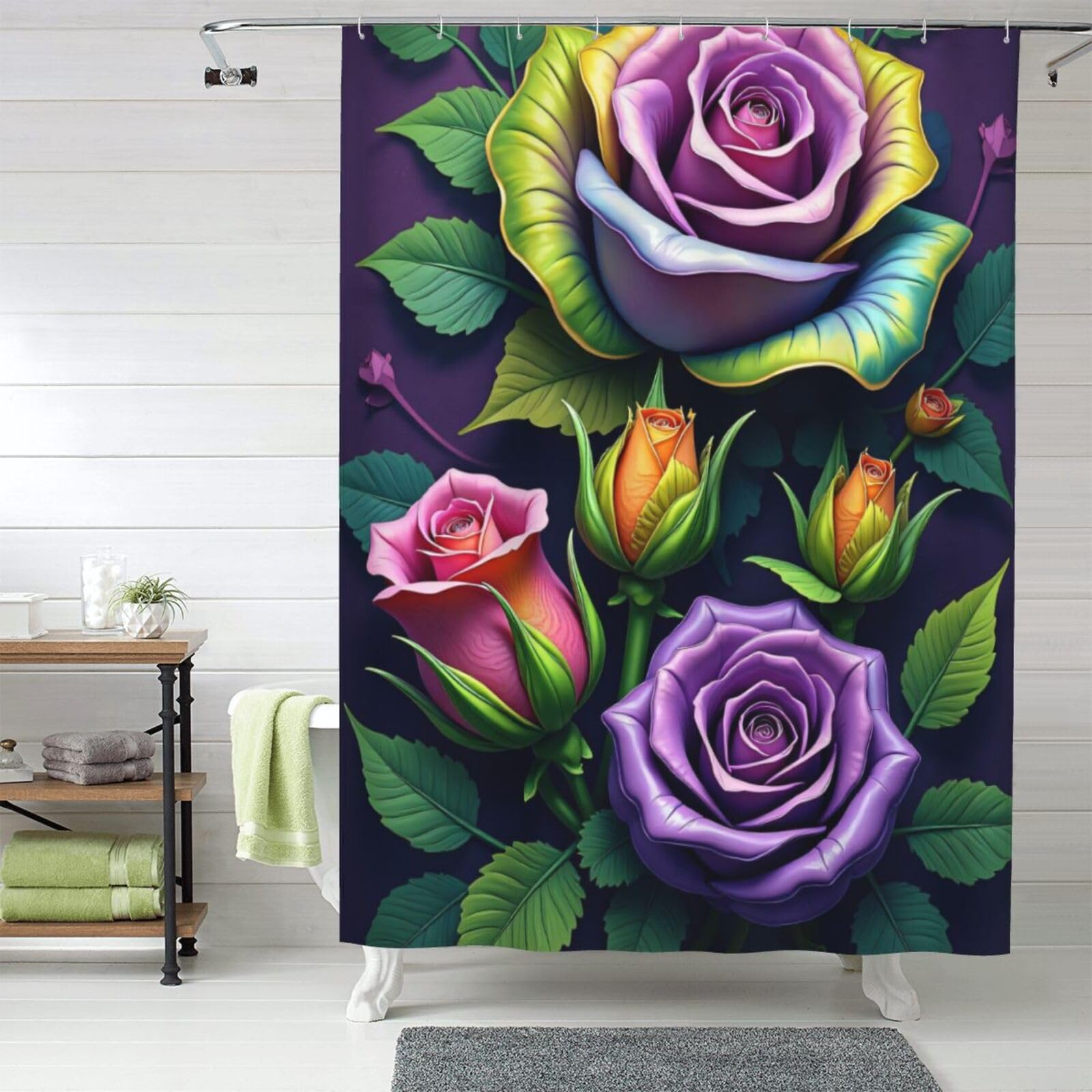Rideau de douche motif roses tissu lavable en machine 152 x 183 cm