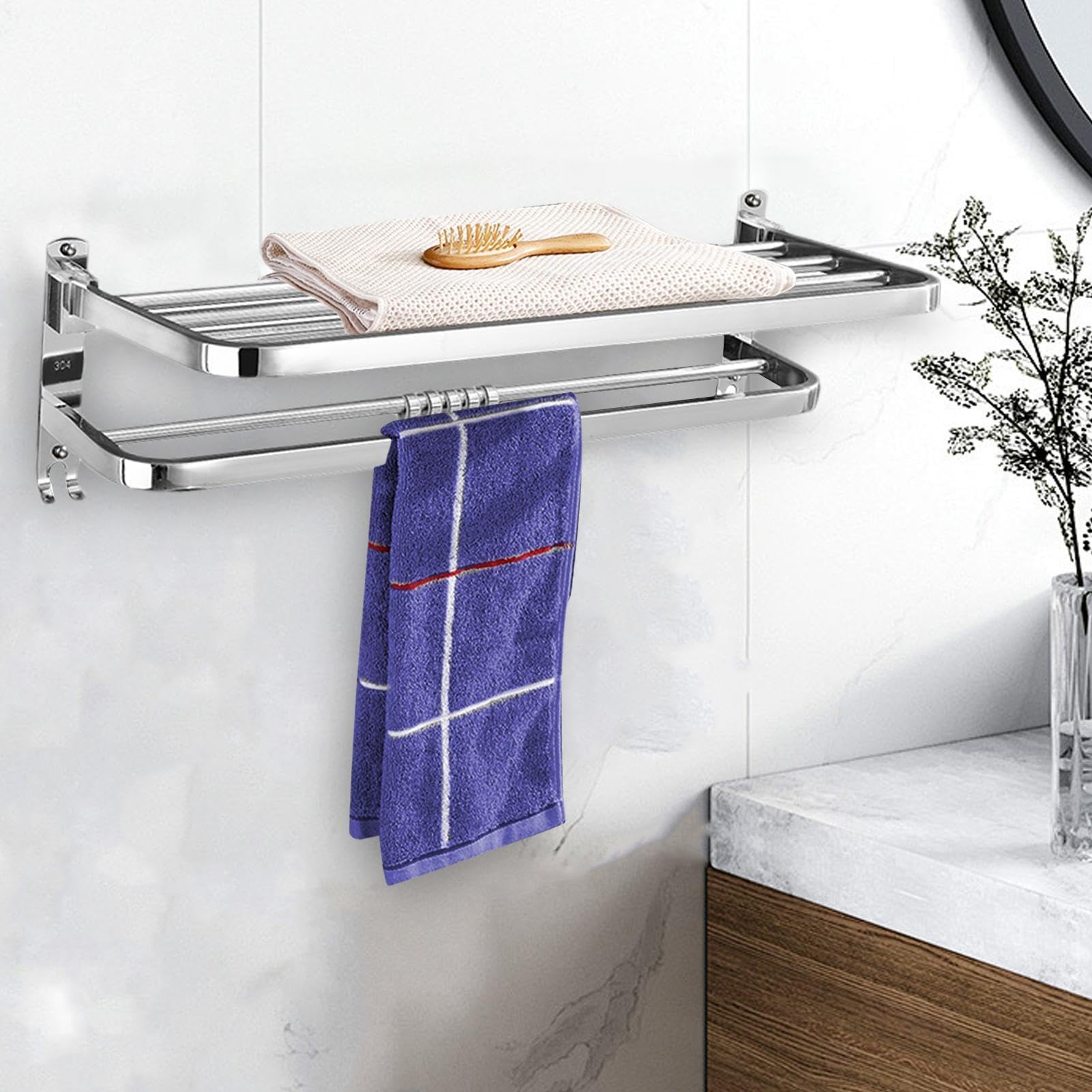 Toalleros para baño,Toallero Estante de Barra Doble Inoxidable | Toallero de pared para baño Toallero Estante de baño montado en la pared Estante plegable Percha de baño a prueba de