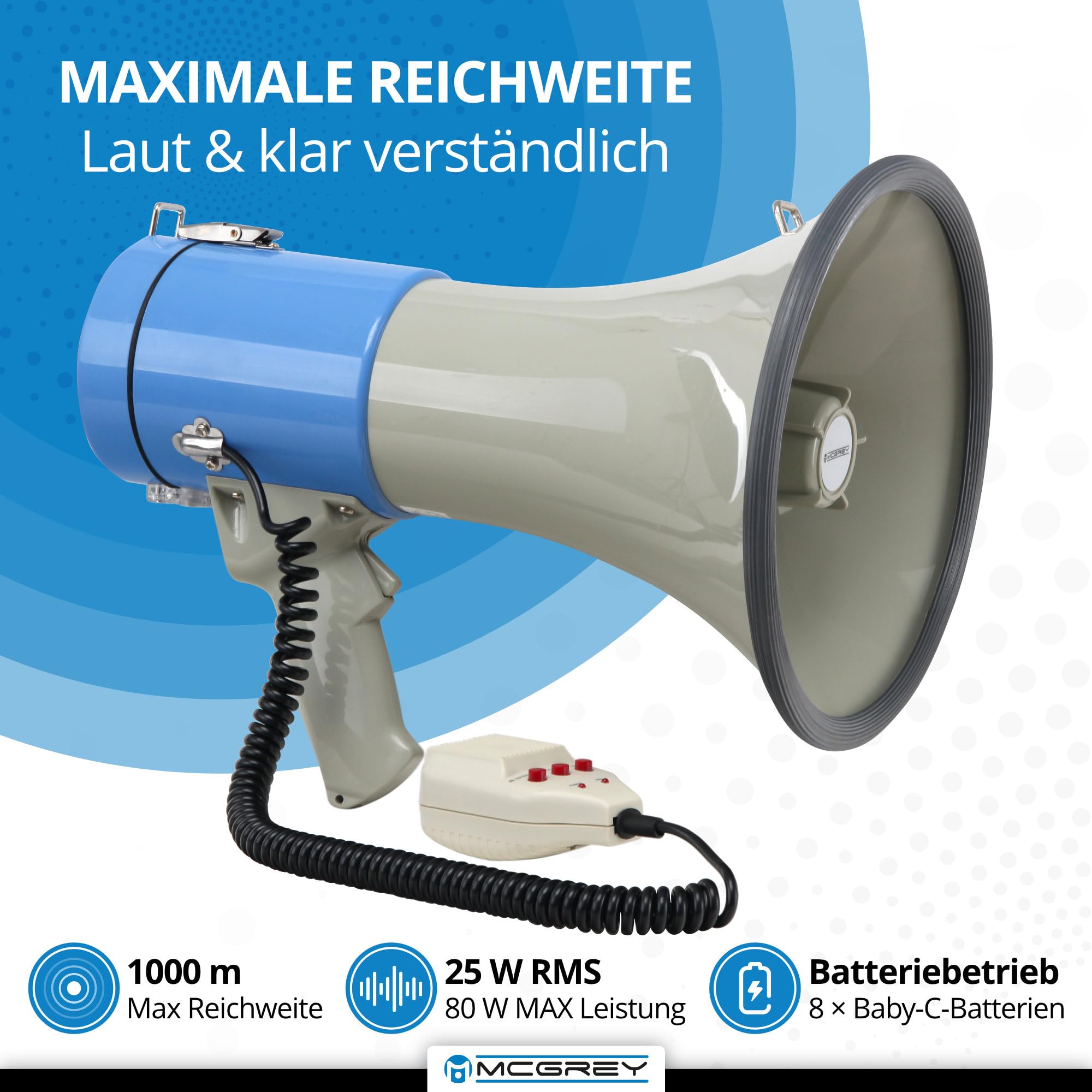 McGrey MP-800HRS Megaphon (Sprachrohr, 25 Watt RMS/80 Watt MAX), bis zu 1000m Reichweite, Handmikrofon, Sirene, Whistle, Aufnahmefunktion, USB/SD/AUX-MP3-Player batteriebetrieben grau/blau