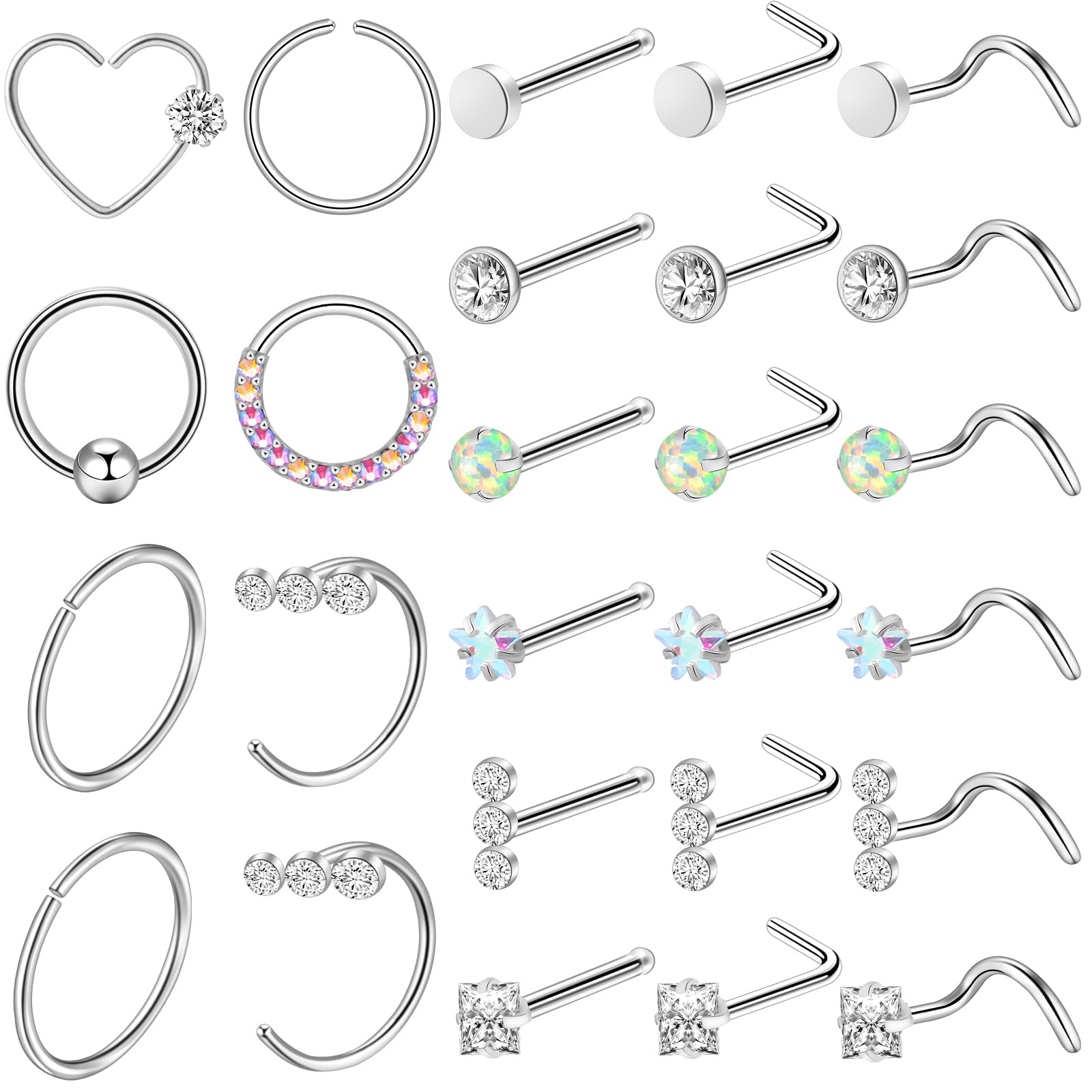 ONESING 9-40 Pcs Nose Rings - Hoops, Studs & L Shape - Hypoallergenic Stainless Steel Nose Piercings for Women & Men