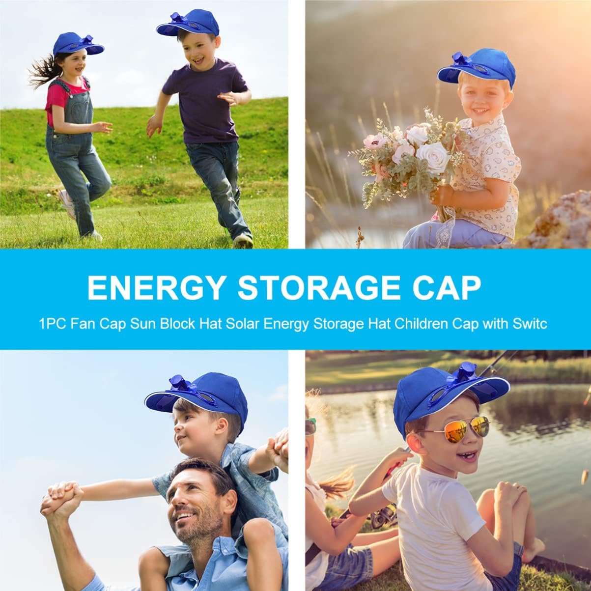 ABOOFAN 1Pc Sun Block Hat with Solar Fan Lightweight Cap for Summer Outdoor Activities Keeps Cool with Rechargeable Fan for Boys Blue