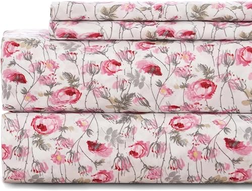 Juego de sábanas tamaño California King, 4 piezas impresas con patrón de flores rosas, sábanas de lujo, refrescantes, suaves, 100% microfibra