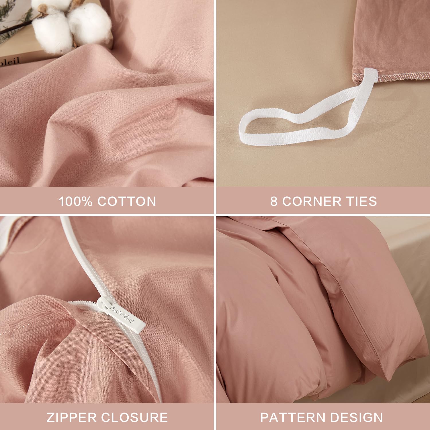 SAPHREAS Dusty Rose Duvet Cover Set 100% Washed Cotton Super King Size 3Pcs 8 Corner Ties Modern Solid Bedding Soft 1 Duvet Cover with Zipper 2 Pillow Shams - Image 3