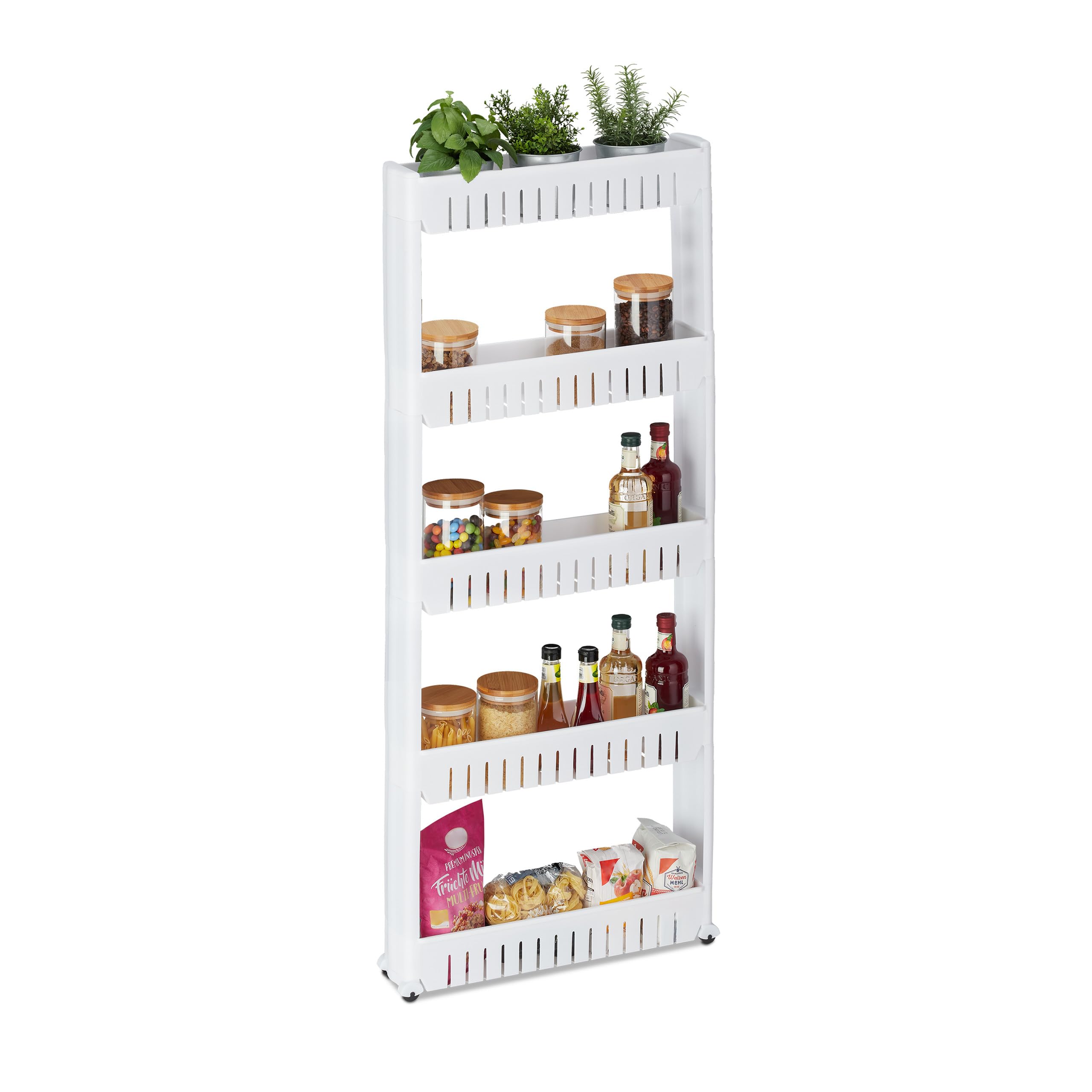 Relaxdays Mobile Salvaspazio, 5 Ripiani, Scaffale Stretto per Bagno & Cucina, Carrello Portaoggetti in Plastica, Bianco