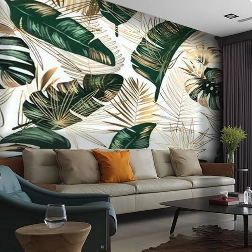 Hojas tropicales doradas y verdes sobre un fondo blanco Papel pintado de PVC sin costuras Papel de contacto autoadhesivo extraíble Papel de contacto