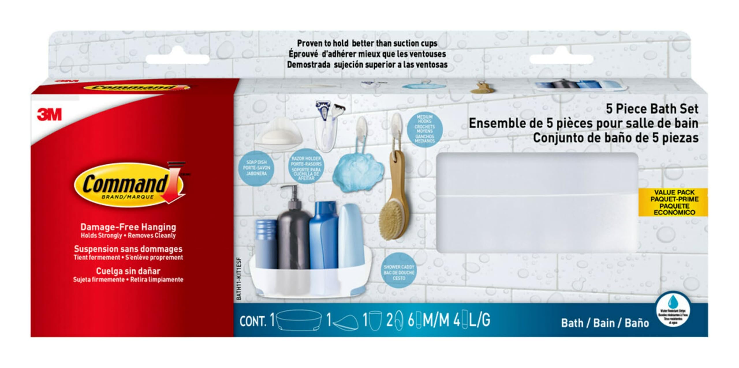 Command Bathroom Accessories 5 Piece Bathroom Organizer Set - 1 Shower Caddy 1 Soap Dish 1 Toothbrush Holder