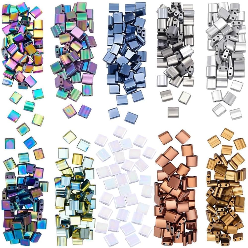 PH PandaHall 500pcs Metallic Tila Beads 10 Colors Tila Glass Seed Beads, 5mm Double Hole Square Spacer Loose Bead for Bracelets Necklaces Earrings Jewelry Making Crafts
