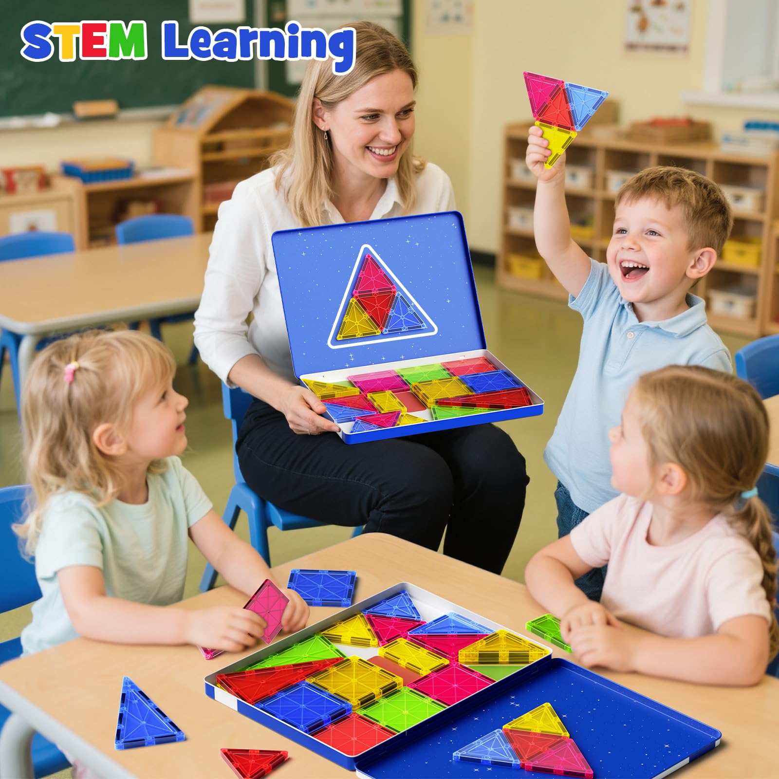 iburge 32 Piece Jumbo Magnetic Tiles with Metal Case, 7.5cm Large Magnet Building Blocks Toys for Kids 3-12 Year Olds - Image 4
