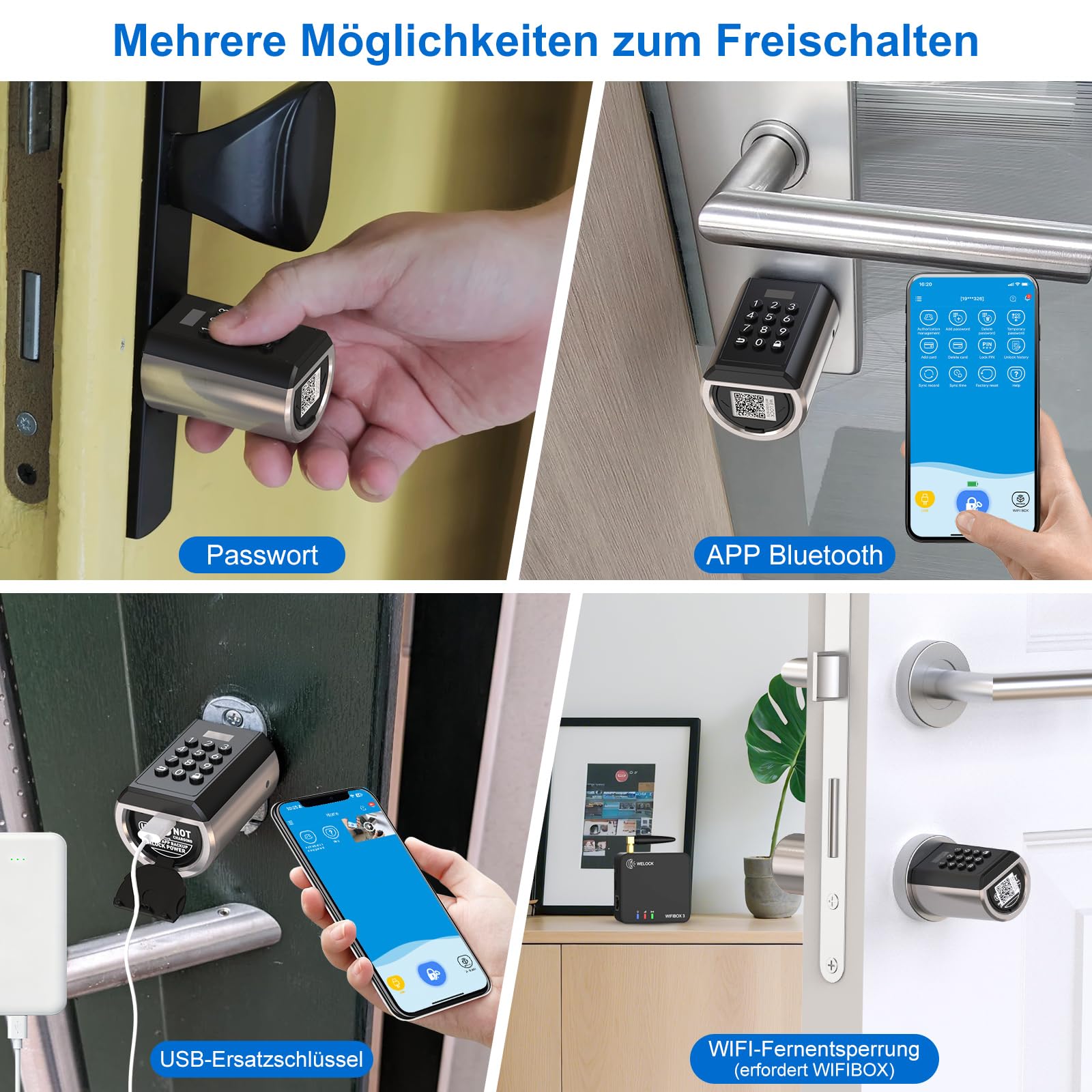 WELOCK Elektronisches Türschloss Haustür mit Pin Code, Wasserdichtes Elektronisches Türschloss mit Bluetooth und App, Geeignet für Türen von 50-100mm Dicke