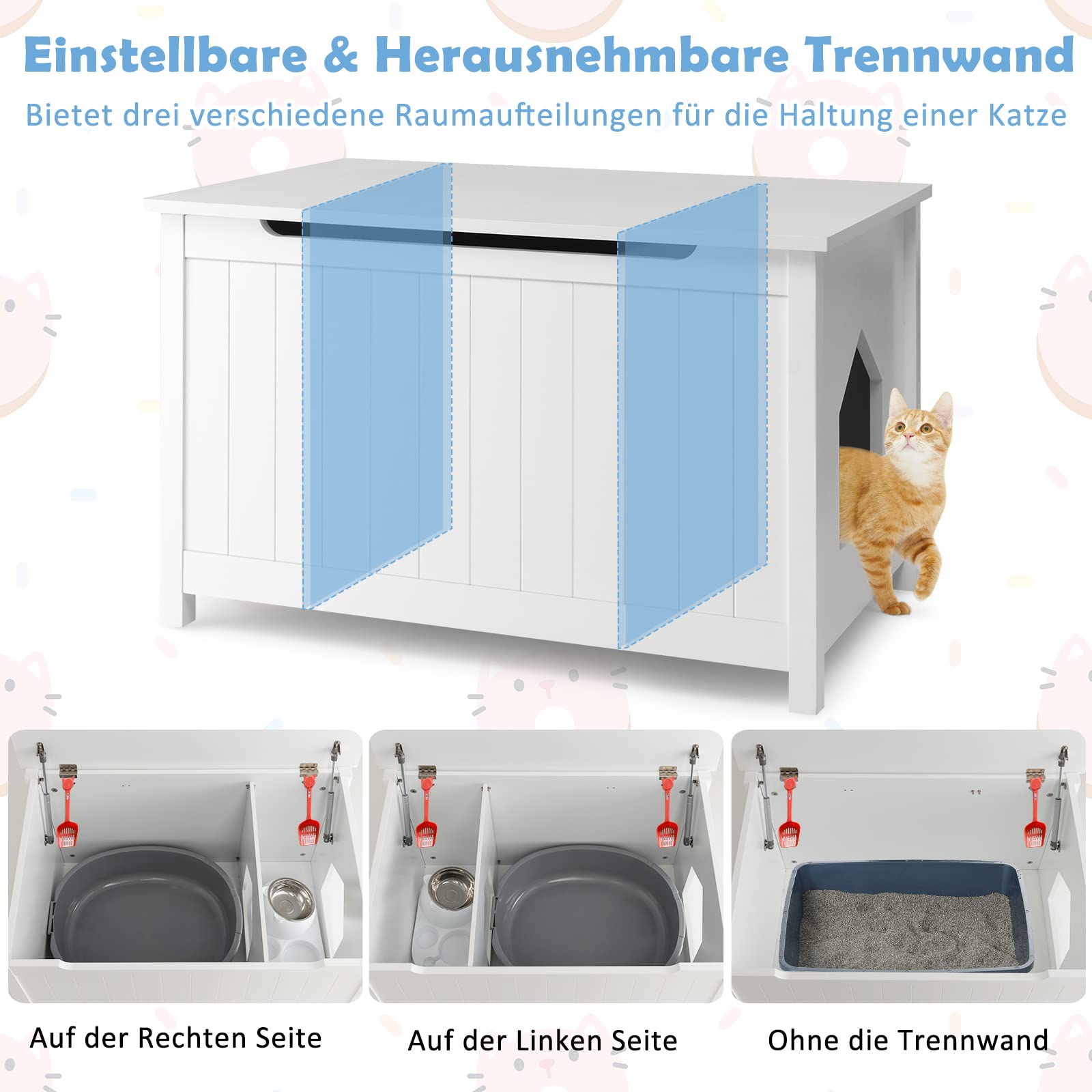 GOPLUS Armario de madera para gatos con divisores móviles, barras de gas y asas cortadas, muebles para gatos con ganchos para porche y balcón