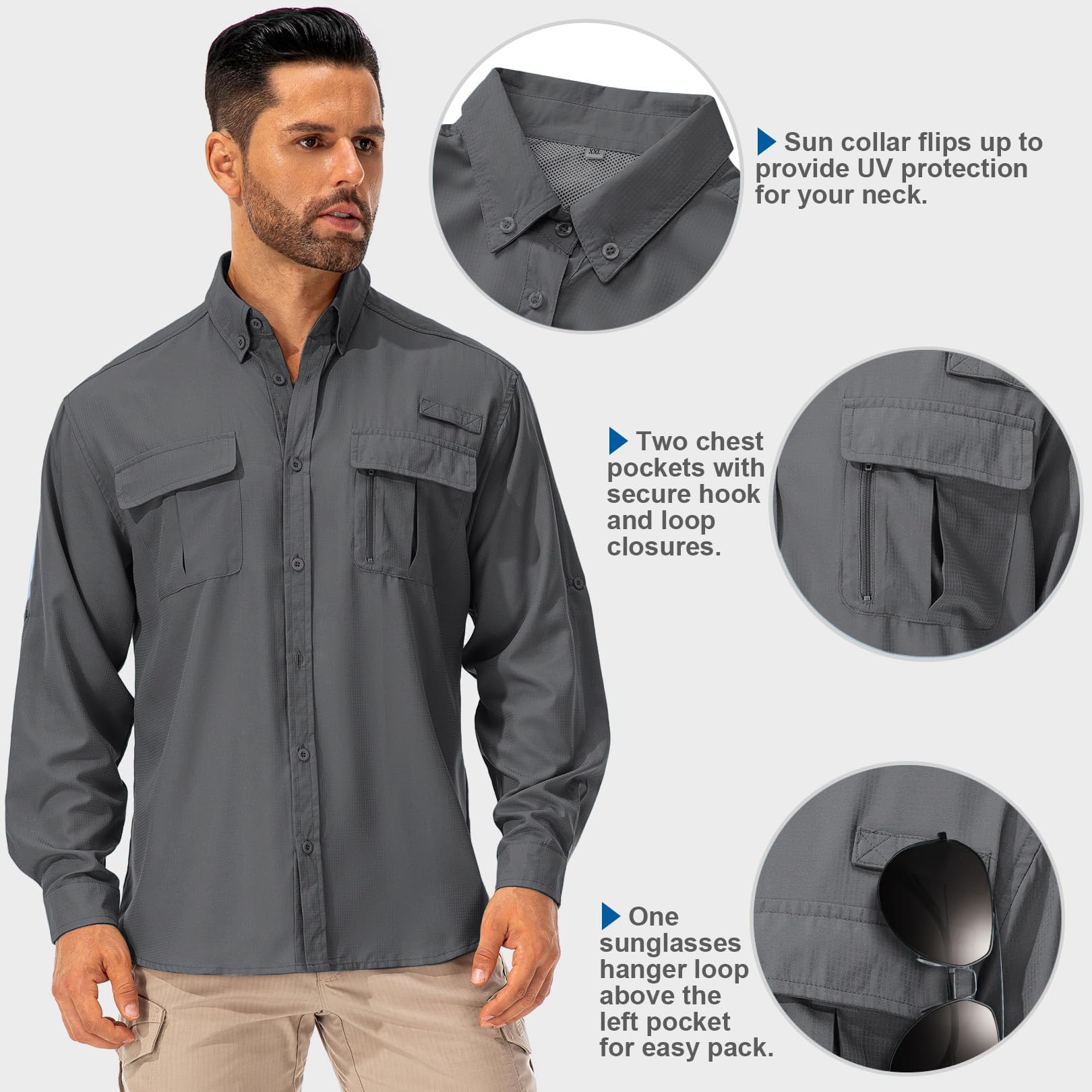 Chemise pour homme UPF50+ Chemise UV à manches longues Chemise respirante boutonnée Chemise fonctionnelle Chemise de plein air Sport Loisirs Chemise de pêche pour homme