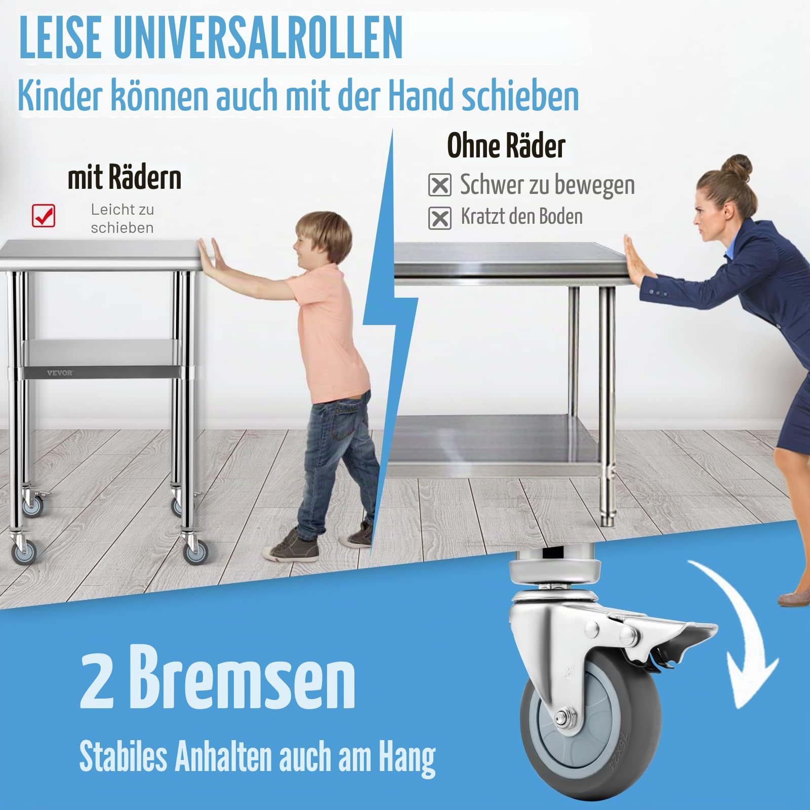 VEVOR Kommerzieller Edelstahltisch 61 x 61 x 91,4 cm, Rollbarer Zweilagiger Arbeitstisch Zerlegetisch Gastro 181,4 kg + 91 kg Tragfähigkeit, Gewerbe Küchentisch, Zubereitungstisch Küchenmöbel