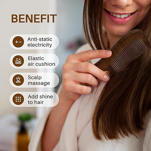 Miniatura 2 de Peine de madera para el cabello, peine de sándalo antiestático para mujeres y hombres, peine de madera de dientes finos para desenredar, añade
