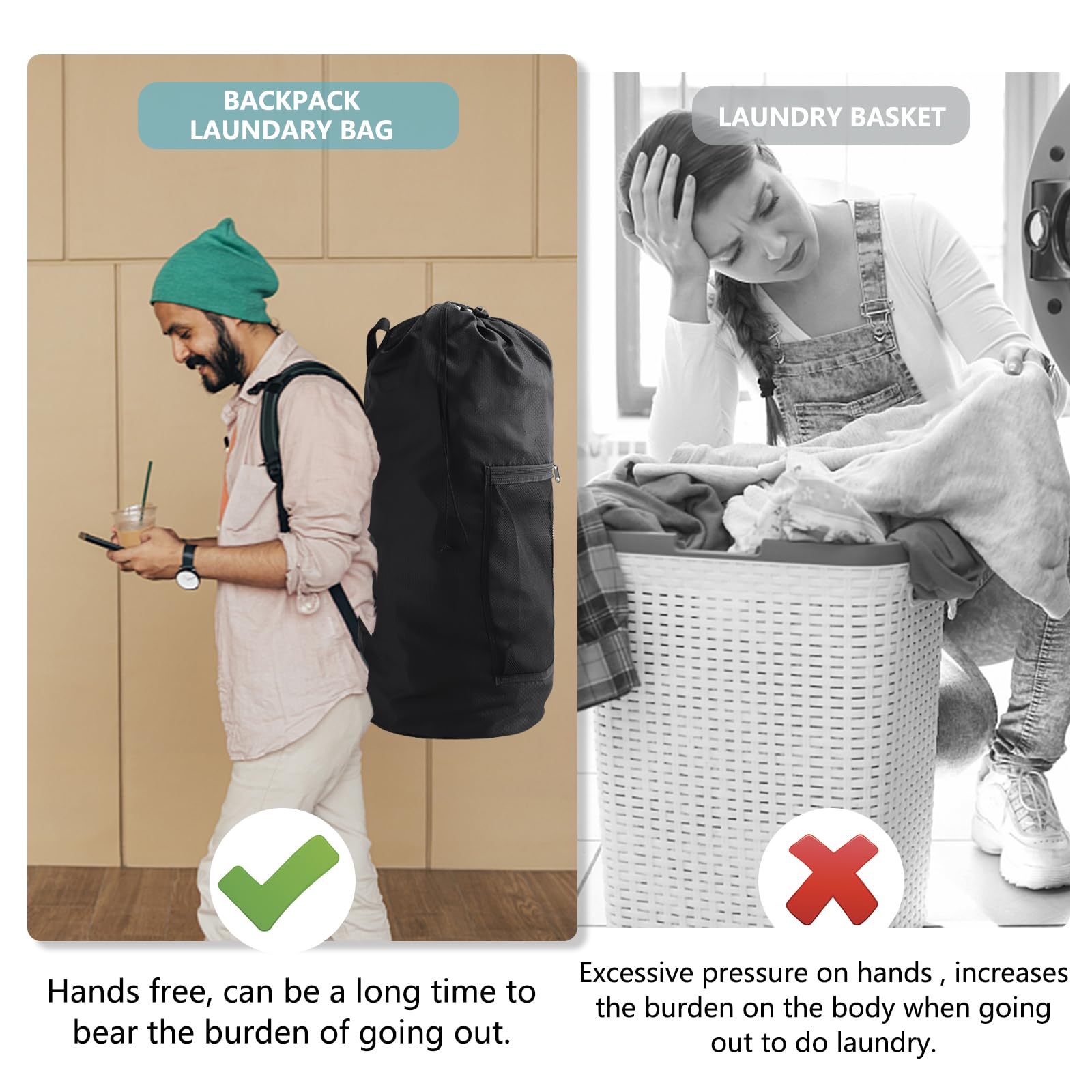 Olosar Wäschesack Rucksack, extra großer Reise-Wäschesack mit Netztasche und verstellbaren Schultergurten, schmutzige Kleidung, Reisetasche für Studenten, Wohnheim, Wohnung, Schwarz, 2 Stück