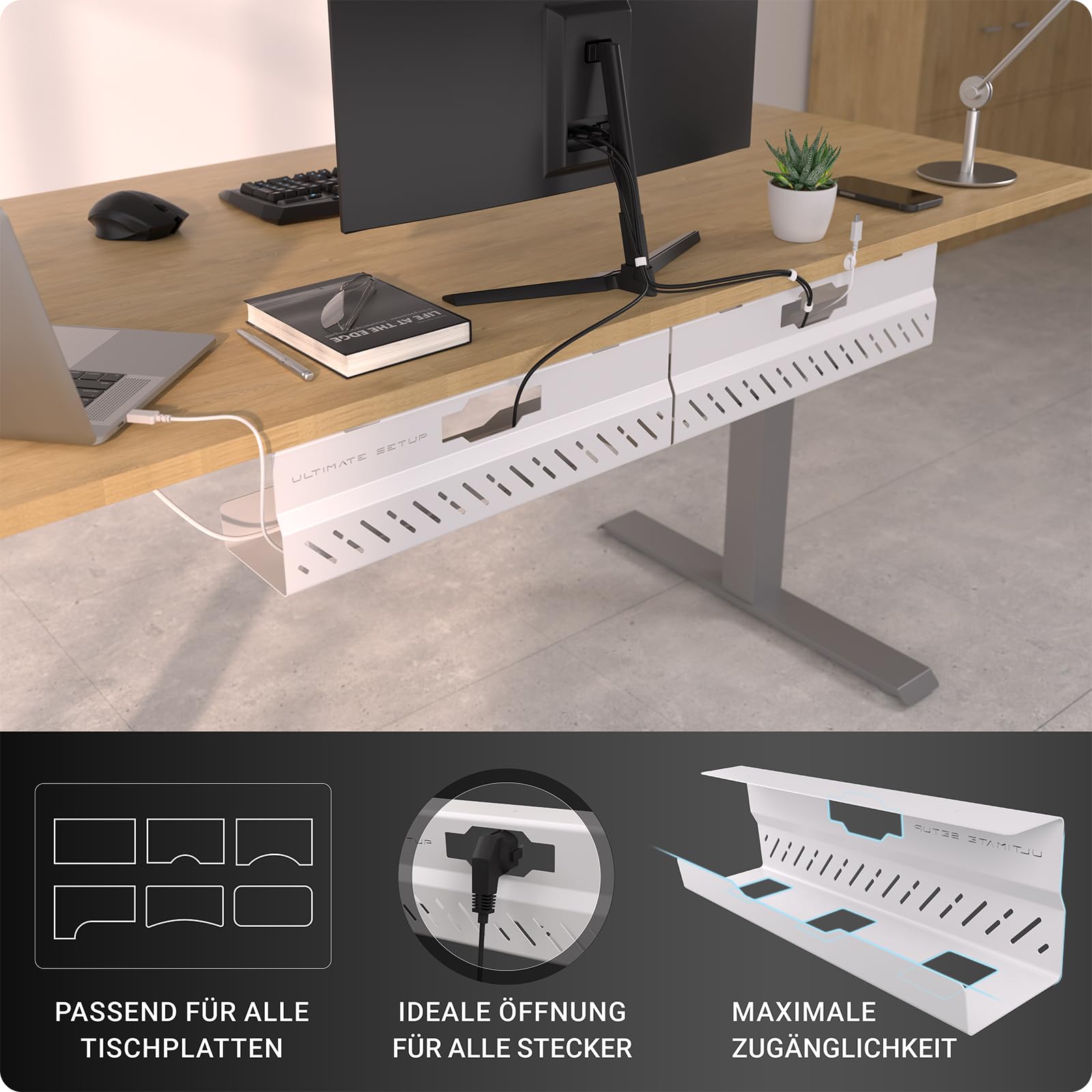 Premium Kabelkanal Schreibtisch – Ideales Schreibtisch Kabelmanagement, Kabelwanne, Tisch Kabelführung - Kabel Organizer – Kabelhalter Schreibtisch (Weiß, 2er Set)