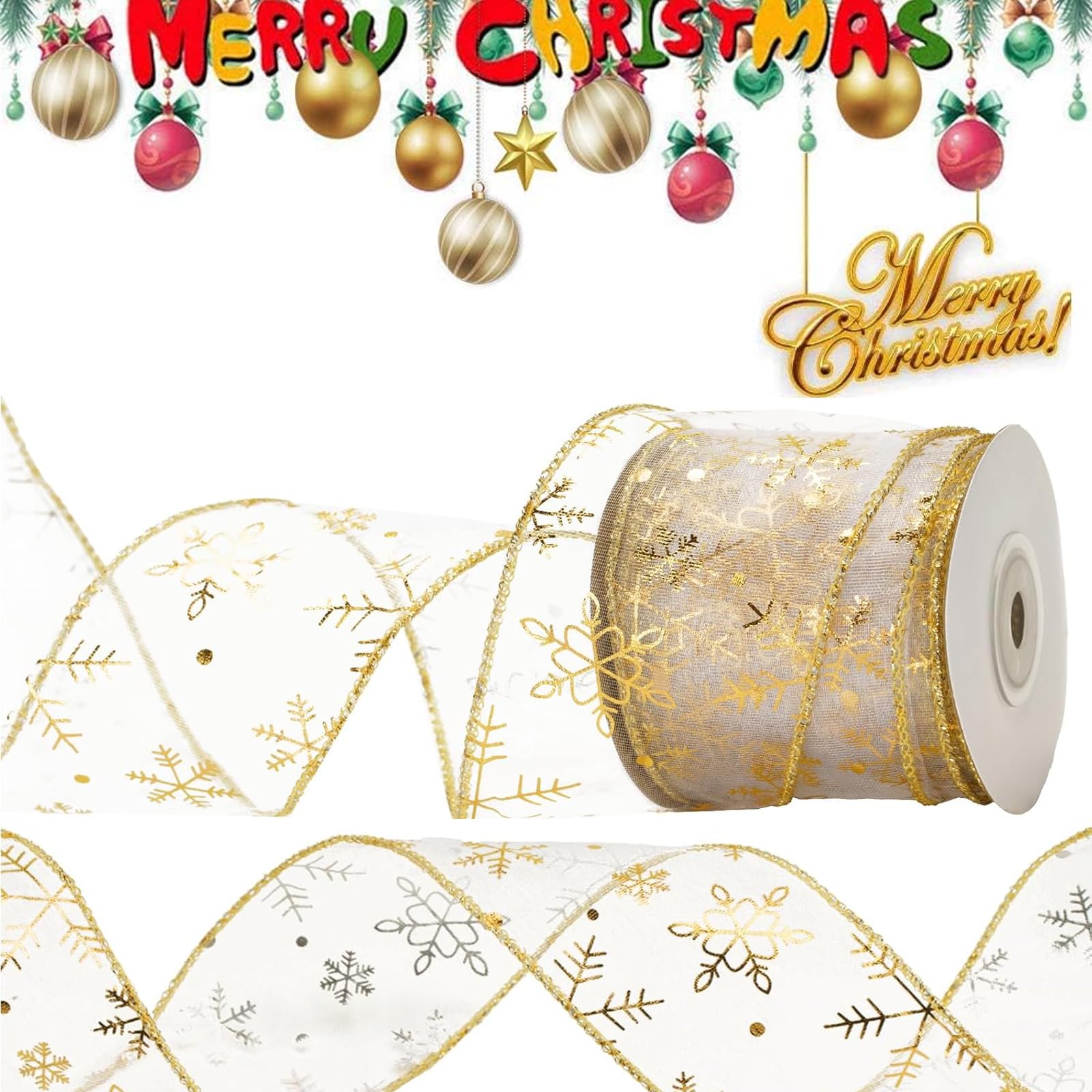 Gold Organza Snowflake Wired Sheer Glitter Ribbon With Spool for Christmas Decoration Gift Wrapping, Party Decoration (Gold, 9m)