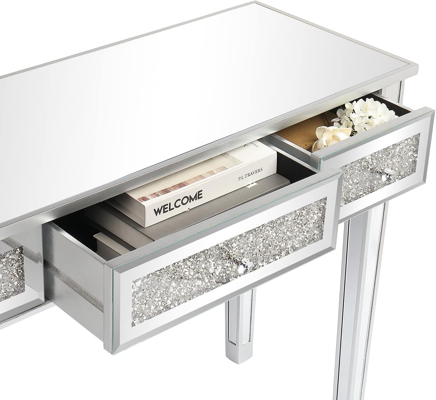 Karl home Mirrored Desk with 3 Drawers Silver Console Table Mirror Sofa Table with Crystal Inlay Front for Living Room, Entryway, Foyer, 42 Inch