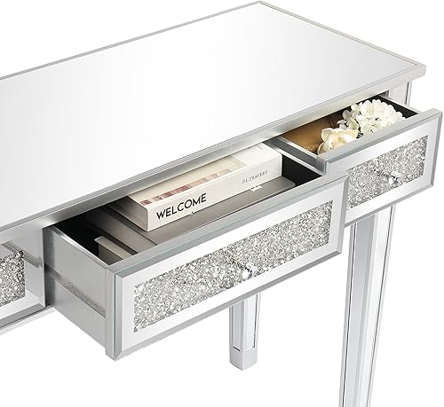 Miniatura 6 de Henf Mesa de maquillaje con espejo, mesa de tocador de tocador, mesa de consola de 3 cajones plateada con diamante de cristal para mujeres y niñas,