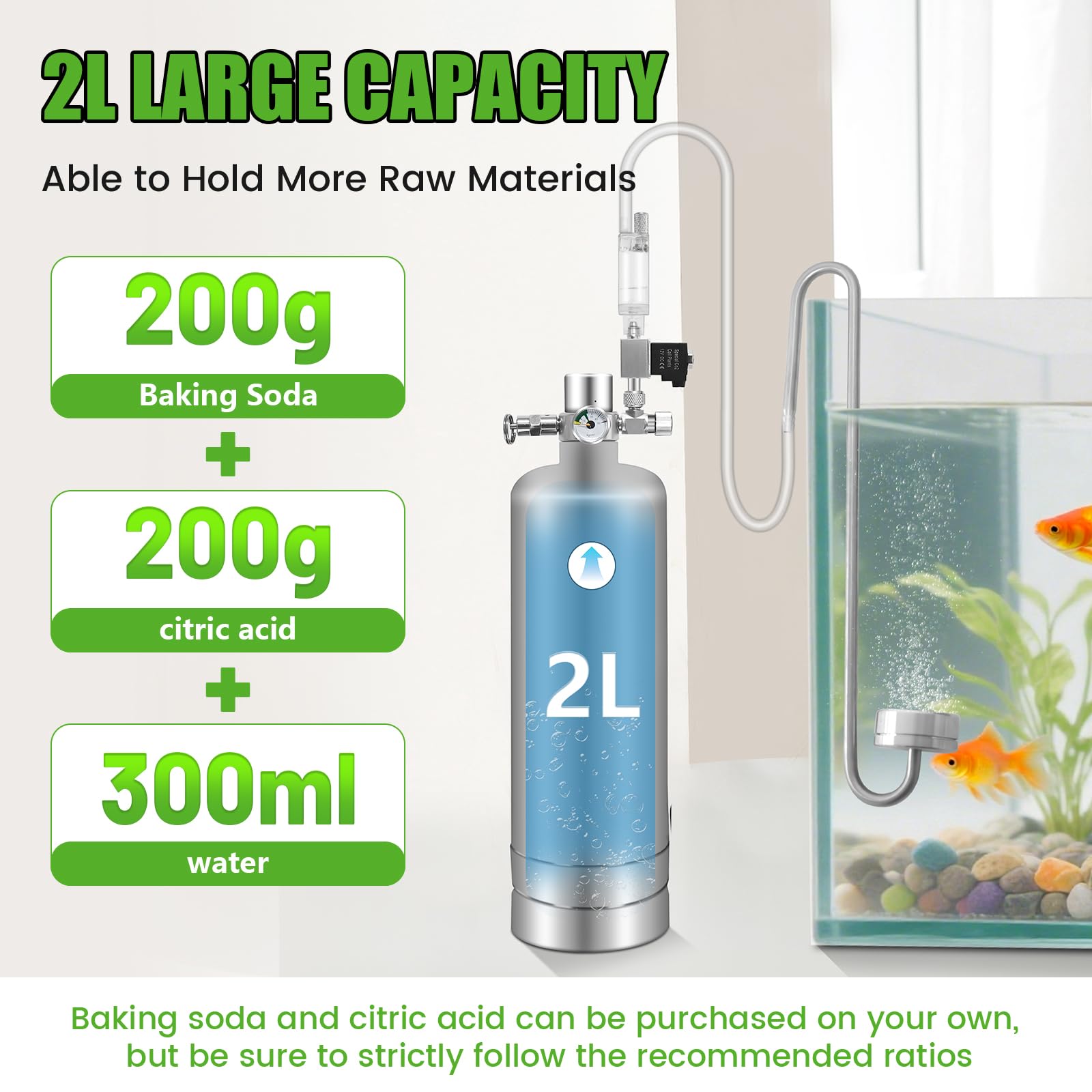 Sistema de CO2 de 2 L con válvula solenoide de doble interruptor, kit de acuario de CO2 para plantas con contador de burbujas ajustable