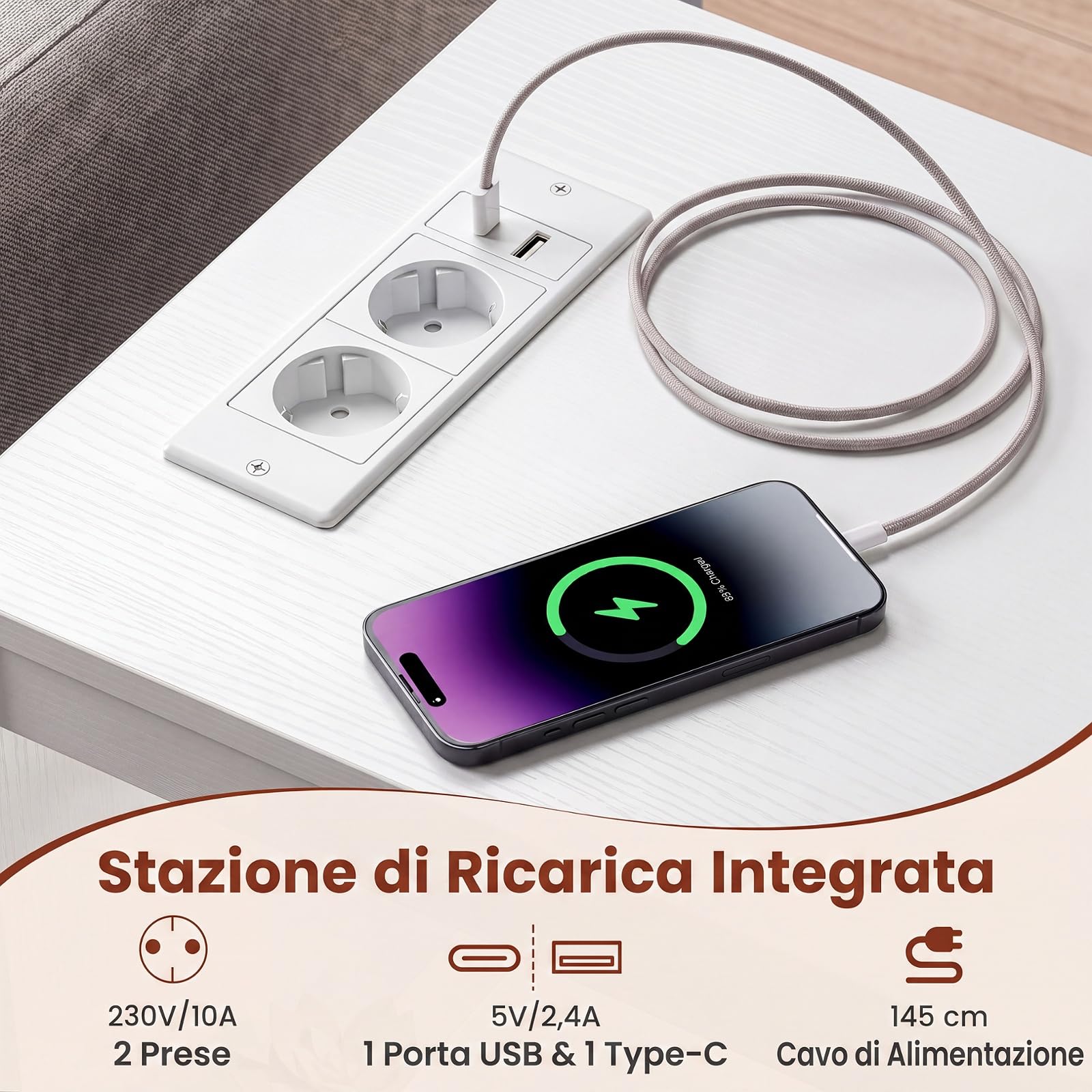 COSTWAY Comodino Camera da Letto con Piano Ribaltabile Girevole (Bianco,1) | con 4 Ruote, Luci LED, Cassetto e Stazione di Ricarica, Comodino Salvaspazio in Legno per Soggiorno, 60 x 40 x 74 cm