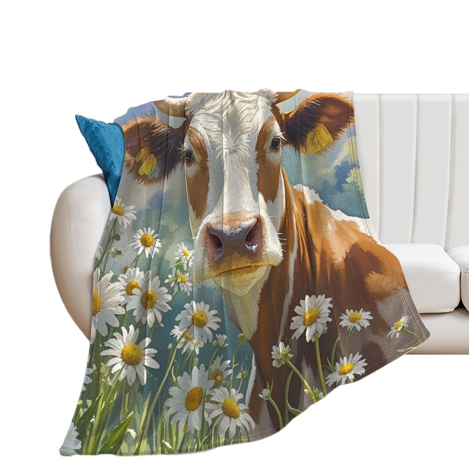 Couverture vache aquarelle et marguerite en polaire douce pour lit