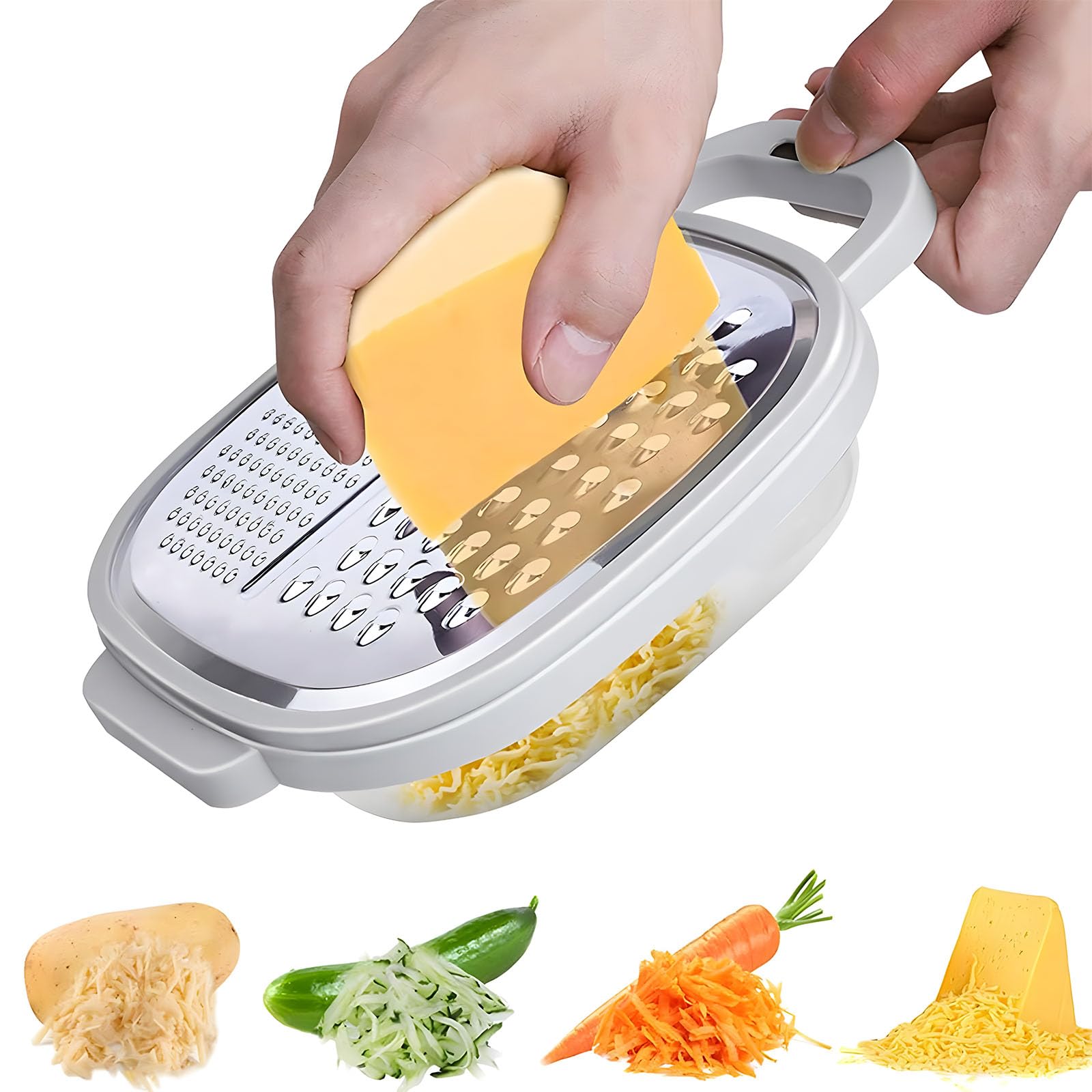 Xsping Cheese Grater with Container, Stainless Steel Graters for Kitchen Handheld with Lid and Detachable Storage Container, Professional Cheese Grater for Vegetables, Ginger, Butter, Nutmeg