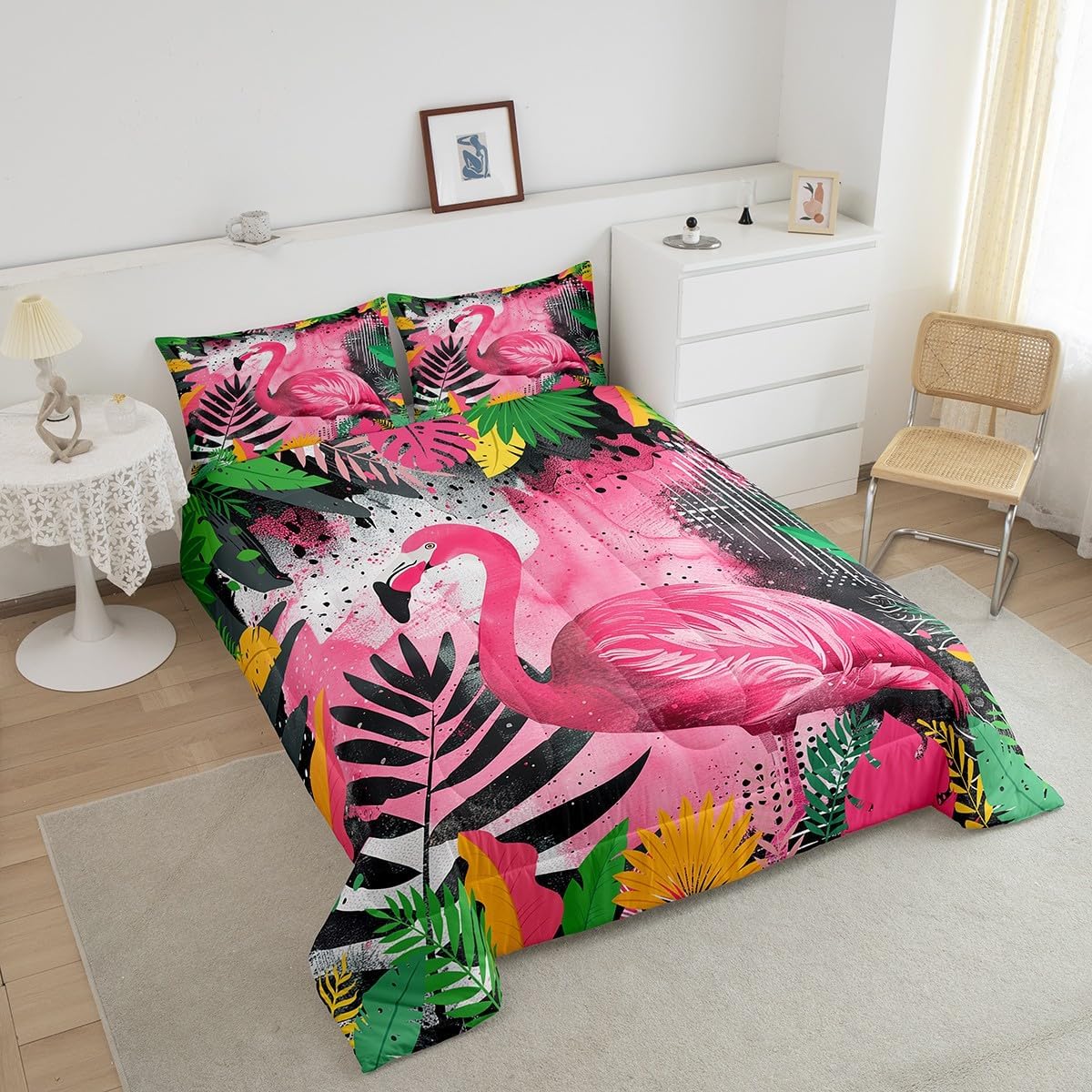 Feelyou Pink Flamingo Bedding Set Queen Size Tropical Palm Leaves Comforter Set for Boys Girls Couples Green Pink Comforter Bird Print Quilt Set 3Pcs