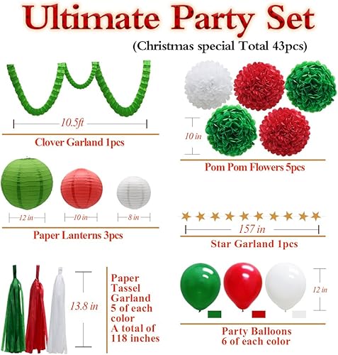 Miniatura 2 de Juego de 43 decoraciones de fiesta verdes, faroles de papel, globos, guirnalda de borlas, flores de pompones de pañuelo, guirnalda de trébol,
