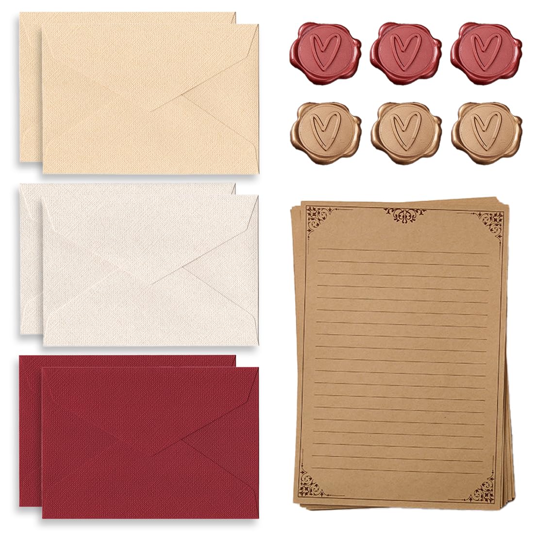 Set di 32 Fogli di Carta da Lettere Vintage, 6 Buste in Lino con Sigillo in Ceralacca, Buste in Carta Kraft, A5
