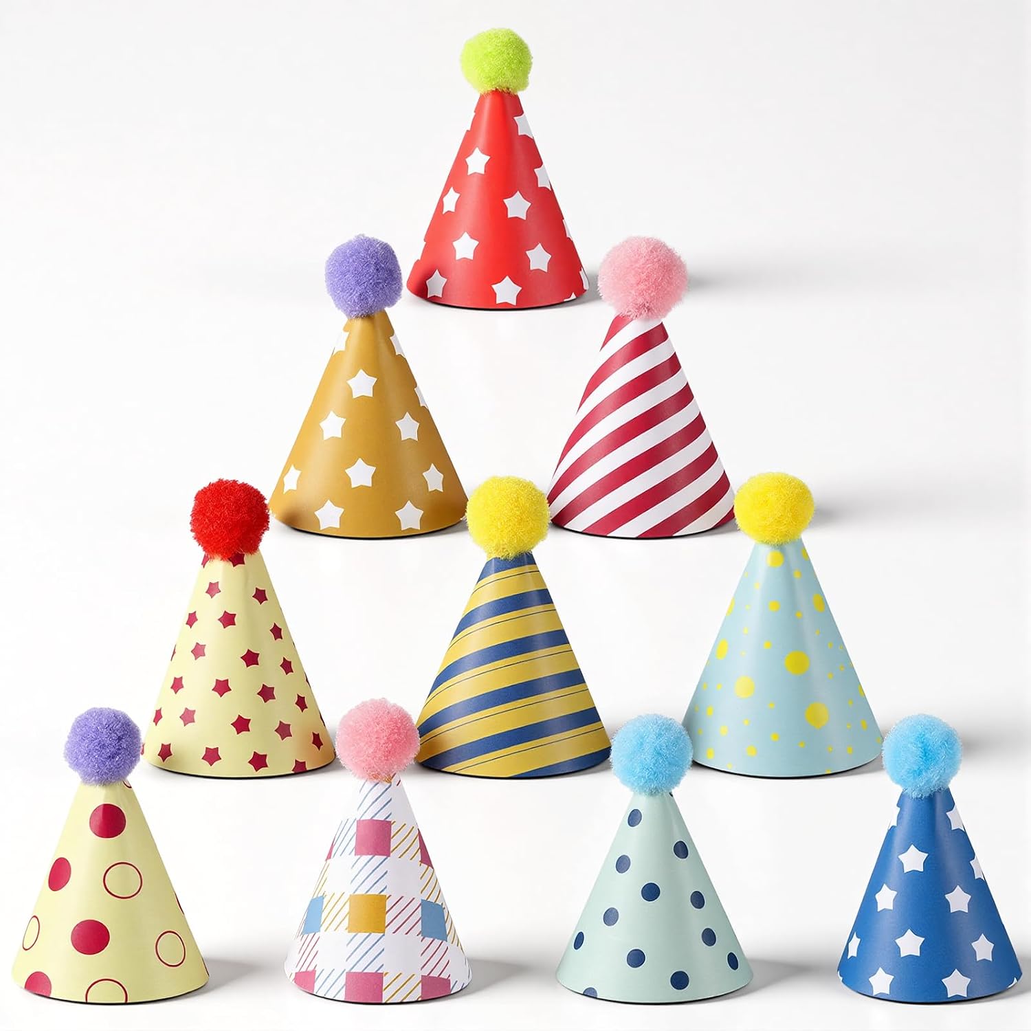 10Pcs Birthday Hats for Dog/Cat, Cute Party Hats for Stuffed Animals | Mini Paper Party Hat with Pom Pom Adjustable Mini Cat Birthday Partys Hat for Kittens Rabbits Small Animals