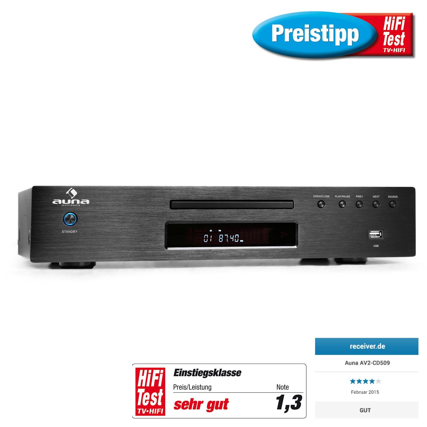 AUNA AV2-CD509 - Lecteur CD HiFi, Lecteur CD, Compatible MP3, Entrée USB-MP3, 40 présélections, Sorties numérique et analogique, Utilisation Confortable - Noir
