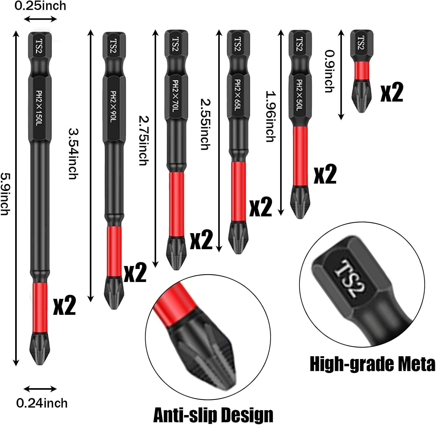 12Pcs Screwdriver Bit Set, S2 Steel Impact Driver Bits for for Power Tools and DIY Projects(25/50/65/70/90/150mm)