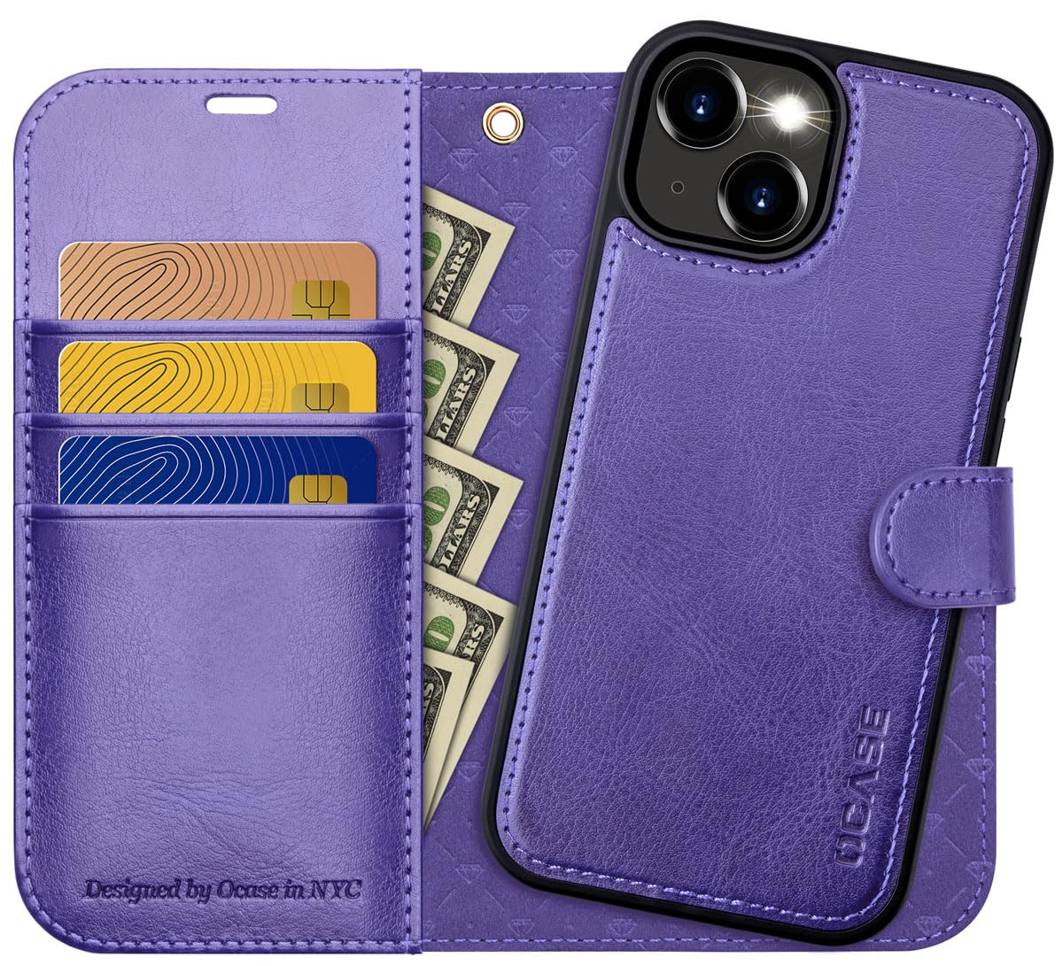 OCASE for iPhone 15 Detachable Wallet Case with Card Holder, [2 in 1] PU Leather Flip Folio Case with RFID Blocking Magnetic Stand Removable Shockproof Phone Cover for iPhone 15 6.1 Inch, Purple