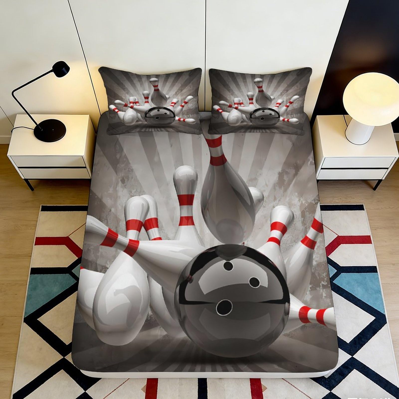 3D Printed Bowling Strike Fitted Sheet Microfiber Soft Anti-Slip Black White Bowling Ball Bed Cover for Bedroom Dorm Decor 140x200x25cm