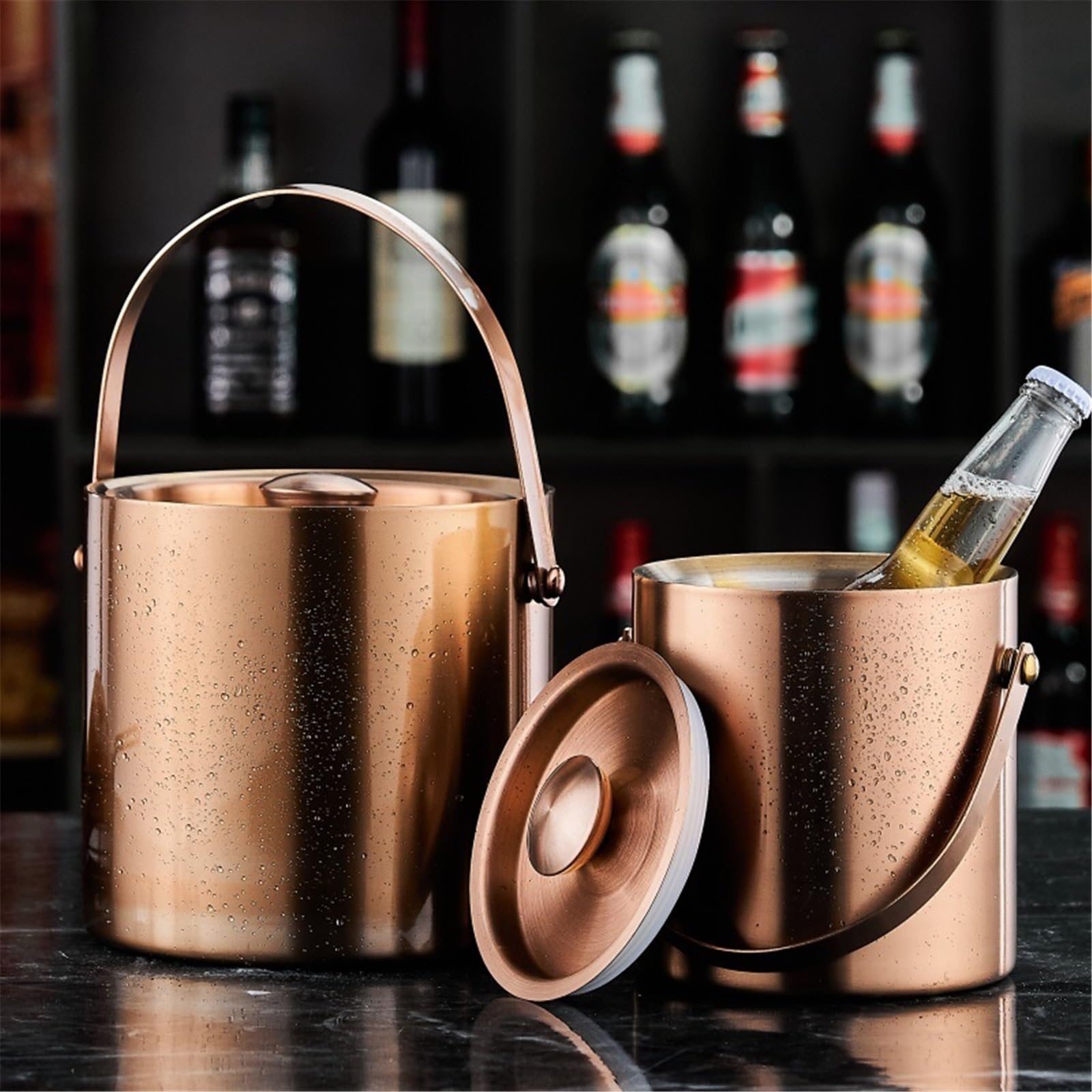 Cubo de hielo de doble capa de acero inoxidable con tapa para fiestas, eventos al aire libre, bares en casa y reuniones, enfriador de bebidas aislado duradero