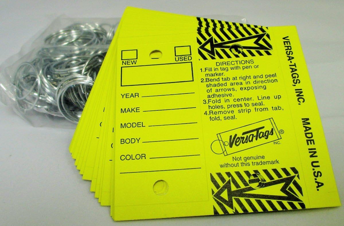Yellow - Genuine Versa-Tag Yellow Key Tags, Self-Protecting (250 Tags per Box with "Chrome" Plated Steel Rings)
