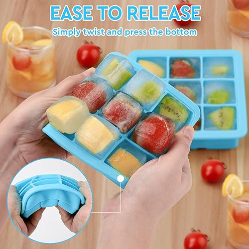 Miniatura 4 de Bandeja para cubitos de hielo con tapa (9 x 2 unidades), bandejas pequeñas para cubitos de hielo, bandejas de silicona para congelador, molde para