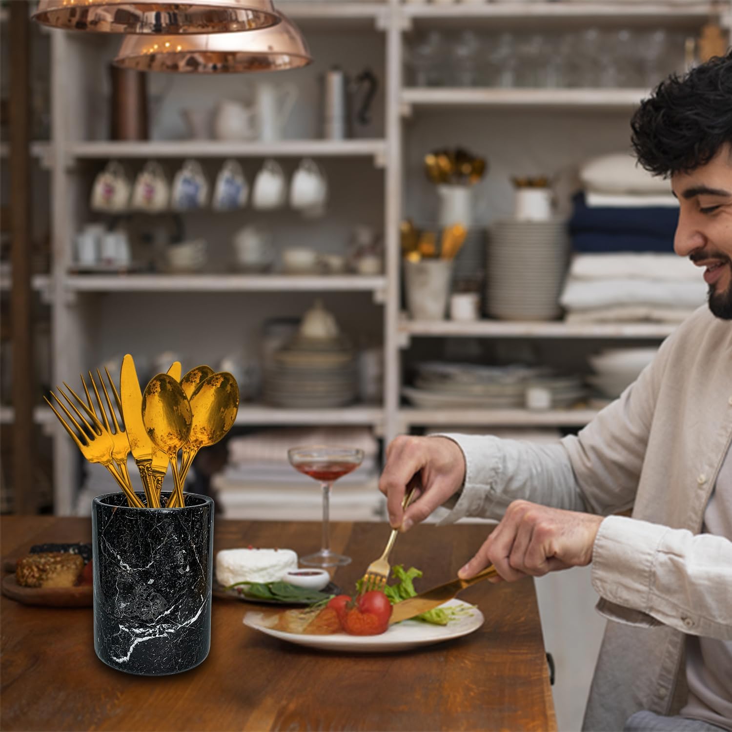 Champagne & Wine Cooler Bucket with Polished Interior – Non-Slip Scratch-Proof Pad, Marble Utensil Holder for Kitchen, Bar & Housewarming Gifts (Black Zebra) - Image 3