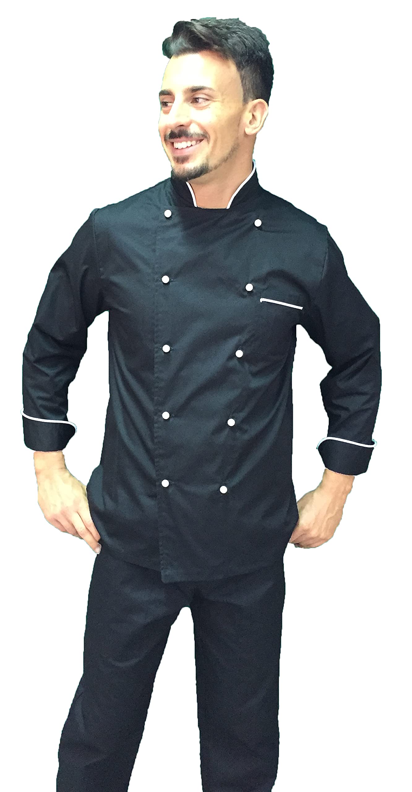 Ricamo Gratuito - Completo Cuoco Uomo - Nero e Bianco - Divisa Chef - Giacca, Pantaloni e Grembiule - 100% Cotone - Uniforme per Cucina e Ristorante