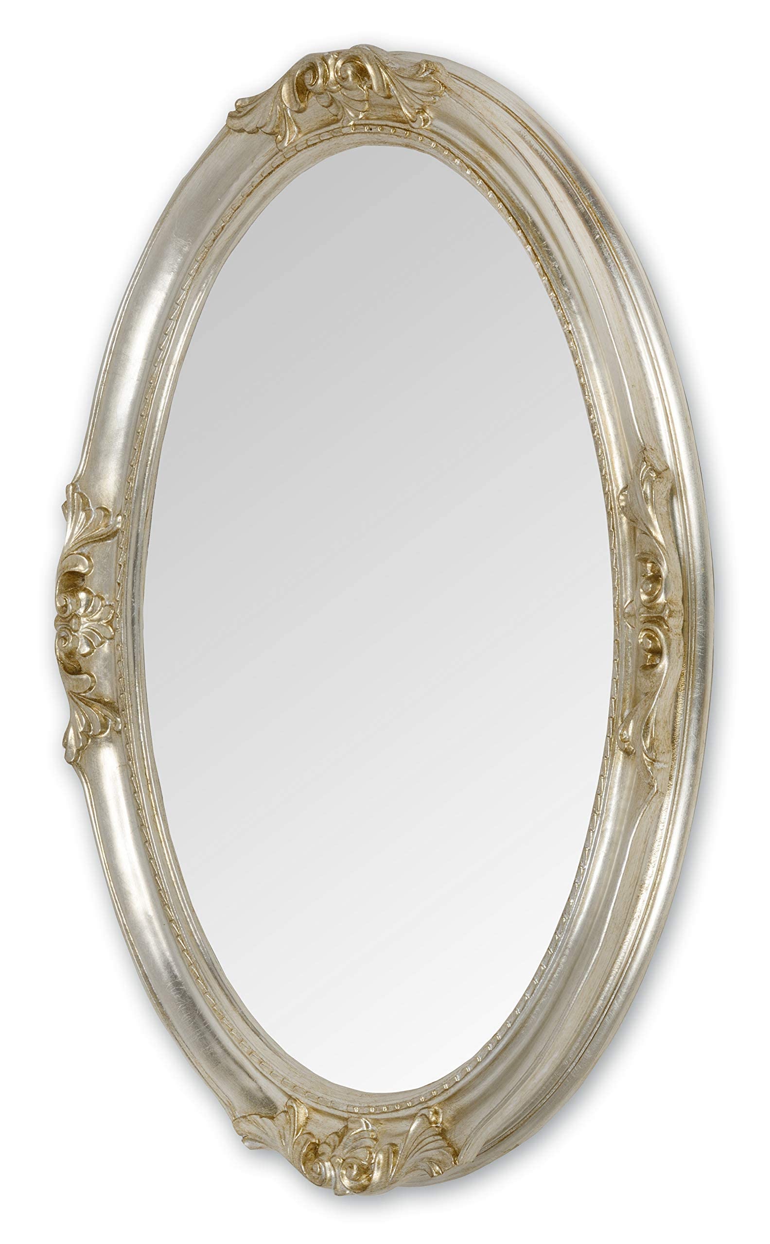 MO.WA Specchio da Parete Ovale 63x83 Specchiera foglia argento cornice legno Made in Italy Specchio classico barocco muro Specchiera barocca Specchi arredo camera da letto ingresso bagno