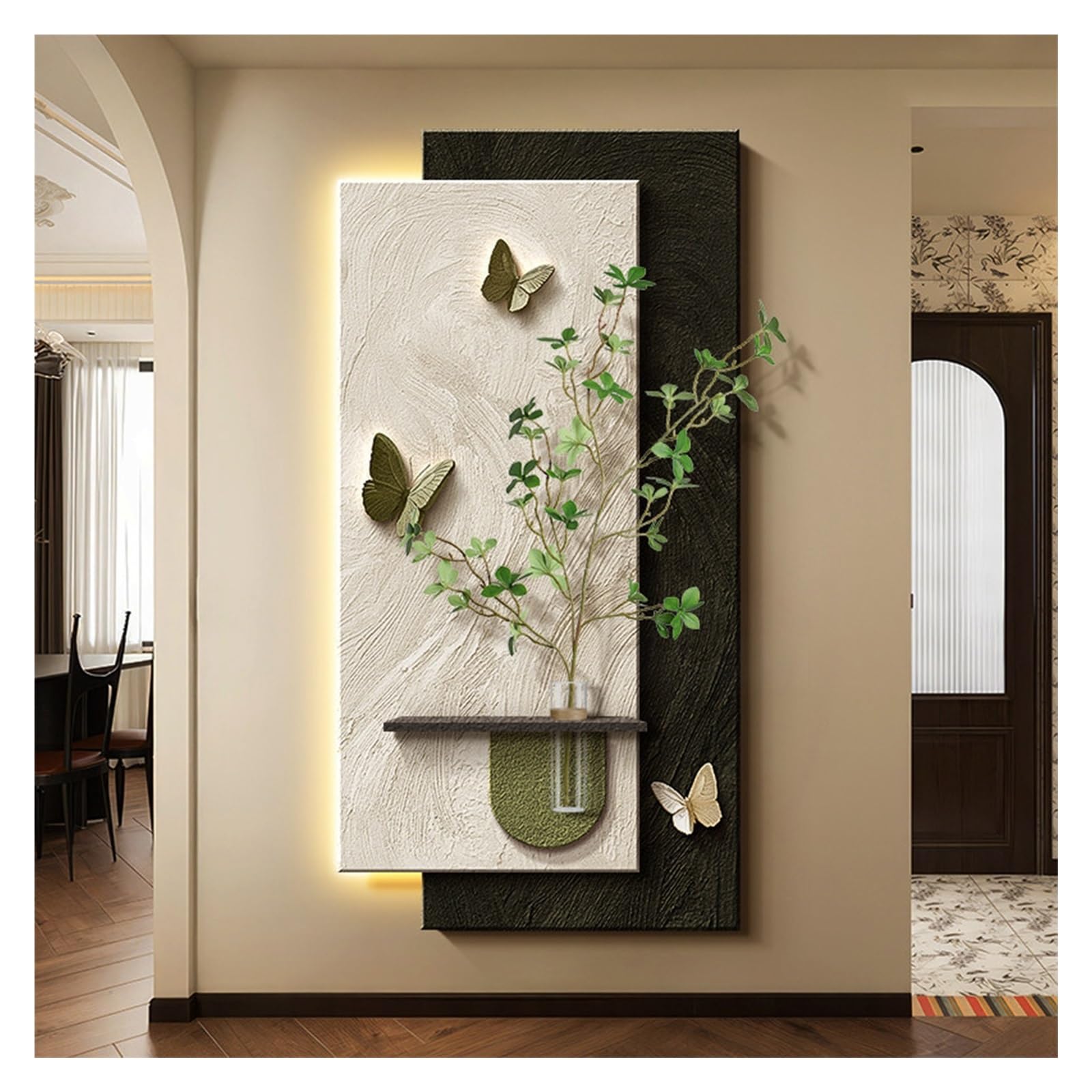Décoration murale 3D verte en grès 80cm avec éclairage LED contemporain pour salon