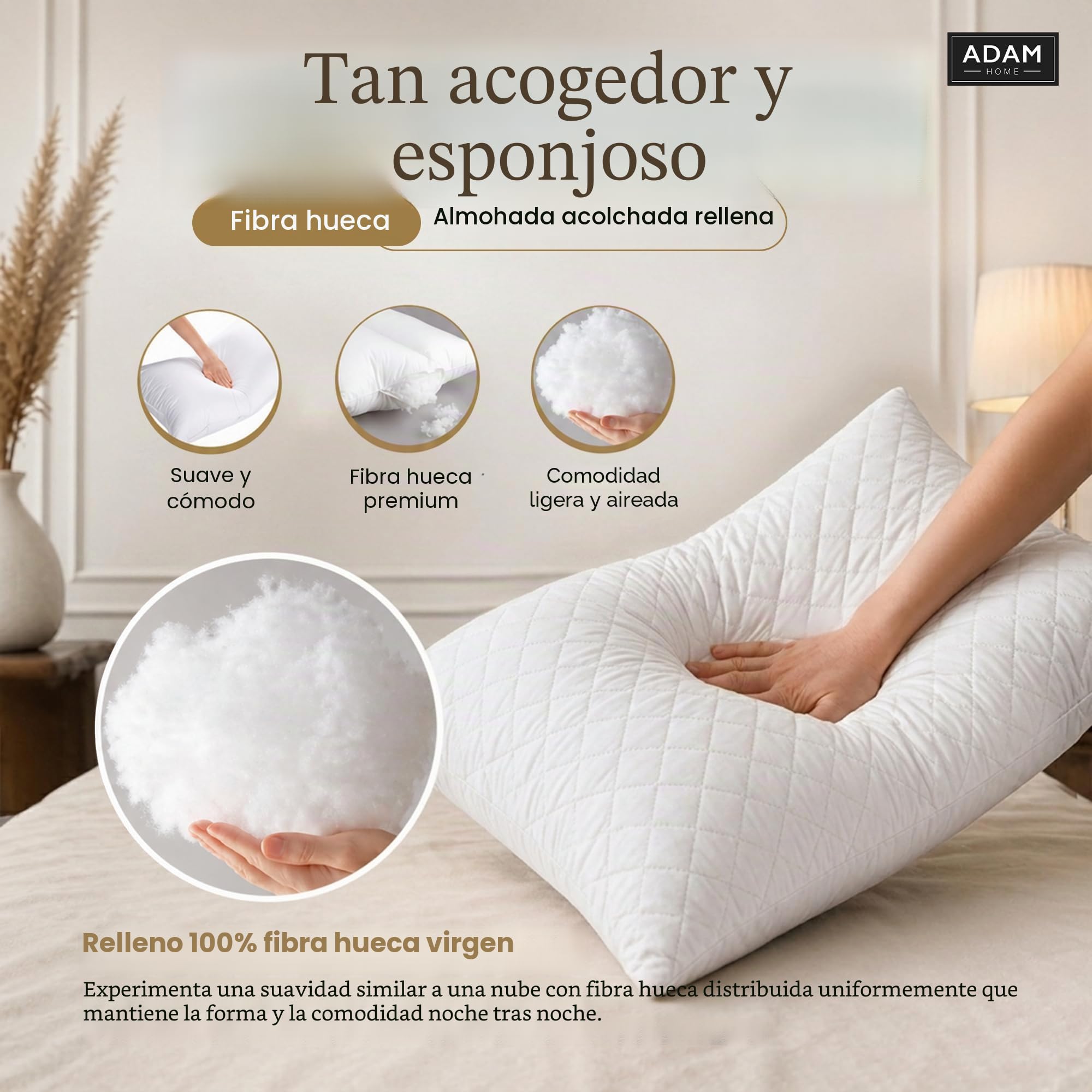 Adam Home Paquete de 6 almohadas prémium con funda acolchada, almohadas rellenas para cama, boca abajo y boca arriba, alternativa al plumón, almohadas de fibra hueca suave