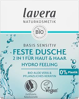 lavera Basis Sensitiv - Feste Dusche 2 in 1 für Haut & Haar - mit Bio Aloe Vera & pflanzlichem Keratin - reinigt ohne auszutrocknen - 3x ergiebiger als flüssiges Duschgel - 50g