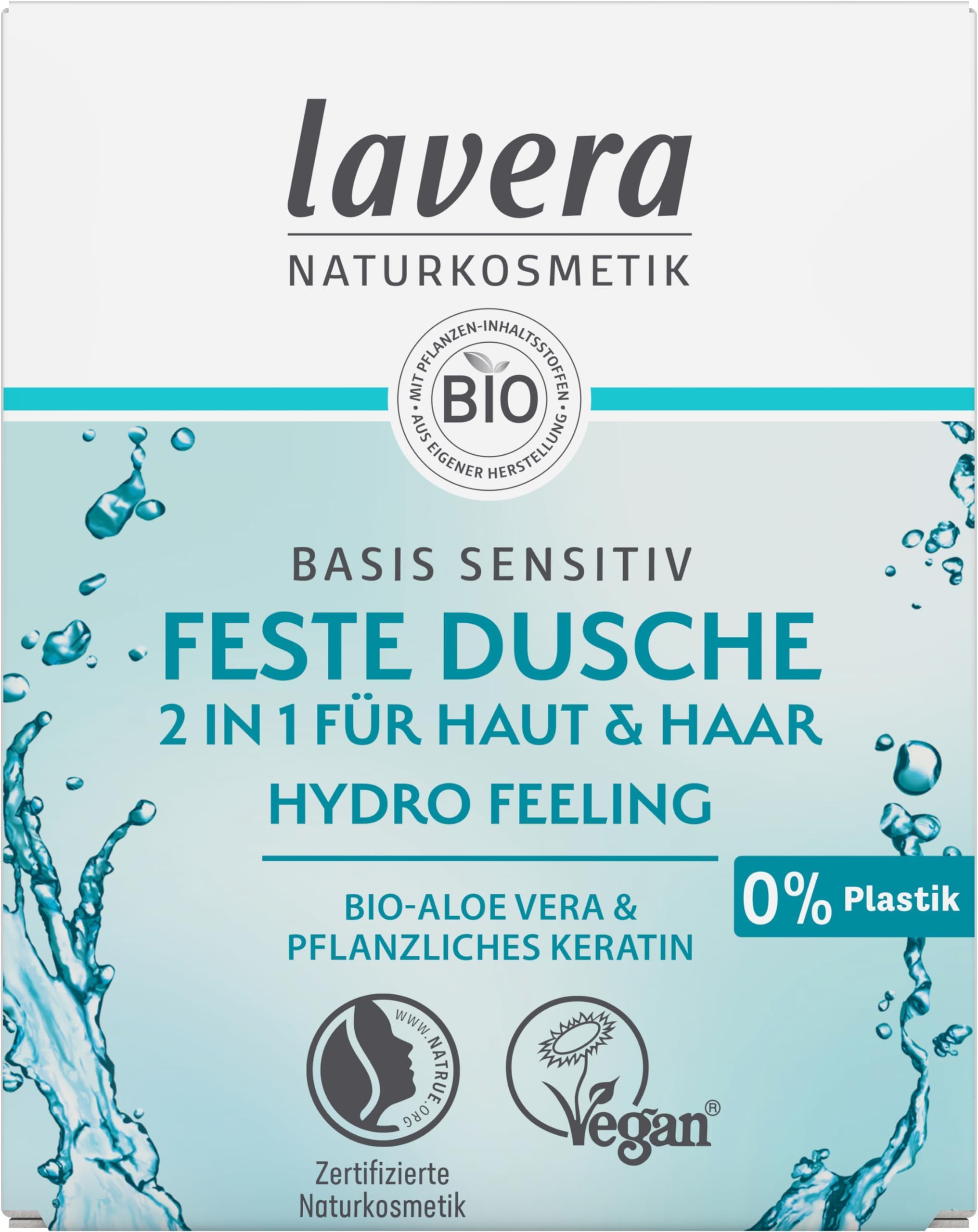 lavera Basis Sensitiv - Feste Dusche 2 in 1 für Haut & Haar - mit Bio Aloe Vera & pflanzlichem Keratin - reinigt ohne auszutrocknen - 3x ergiebiger als flüssiges Duschgel - 50g